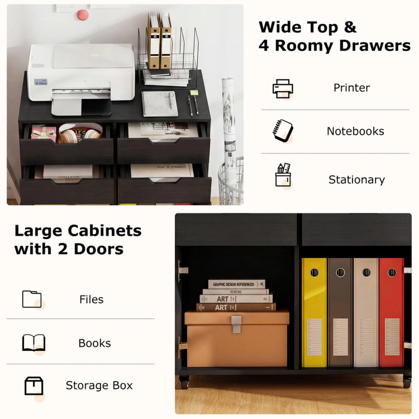 SUGIFT 4 Drawer Rolling File Cabinet with 2 Cabinets 100-lb Tabletop Capacity 33-lb Drawers White