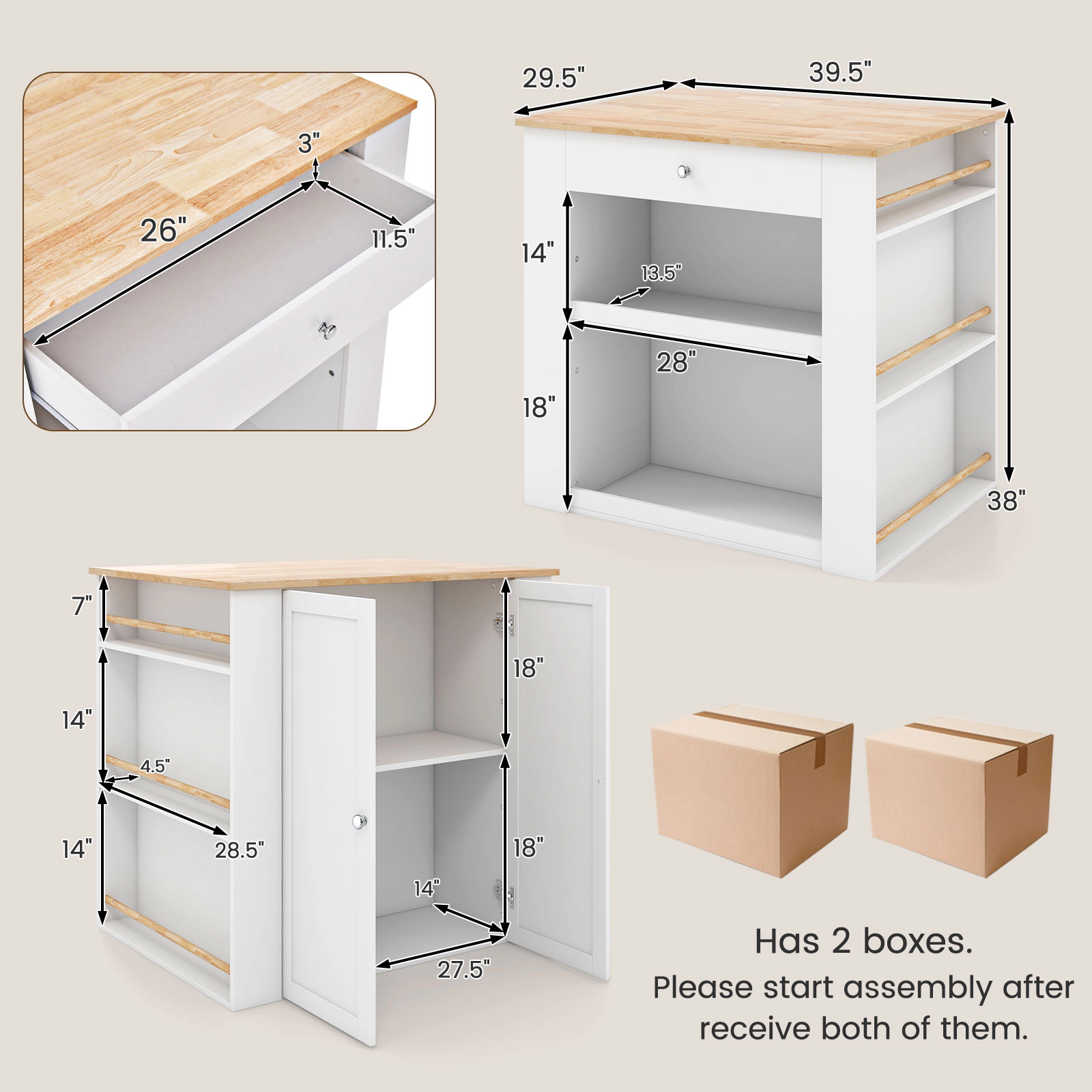 SUGIFT Modern Kitchen Island Prep Table with Rubber Wood Countertop 6 Spice Racks and Storage Shelves