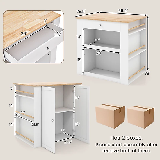 SUGIFT Modern Kitchen Island Prep Table with Rubber Wood Countertop 6 Spice Racks and Storage Shelves