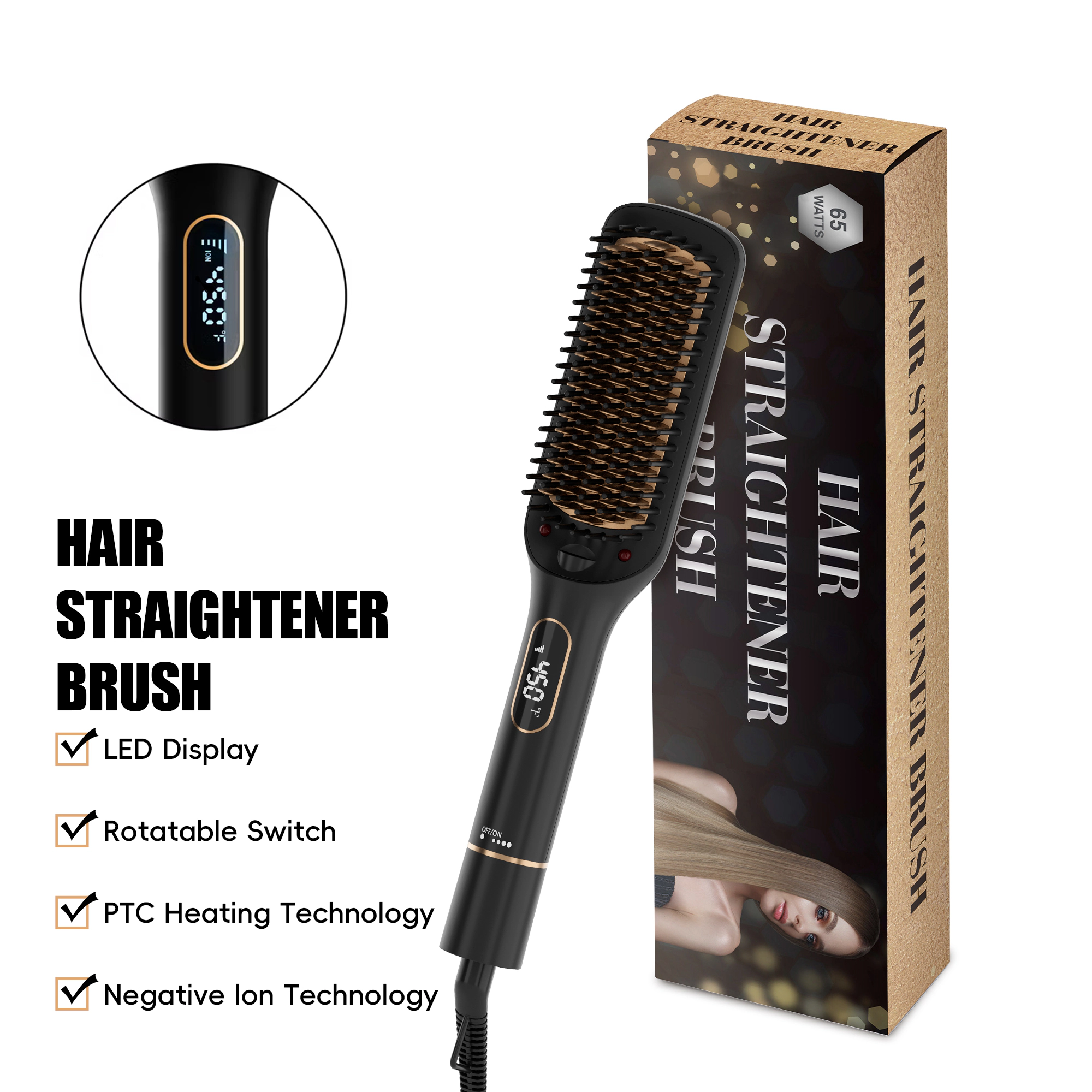 NICEBAY Hair Straightener Brush, 6 Temp Settings, Hair Straightening Brush, Auto-Off, LED Display