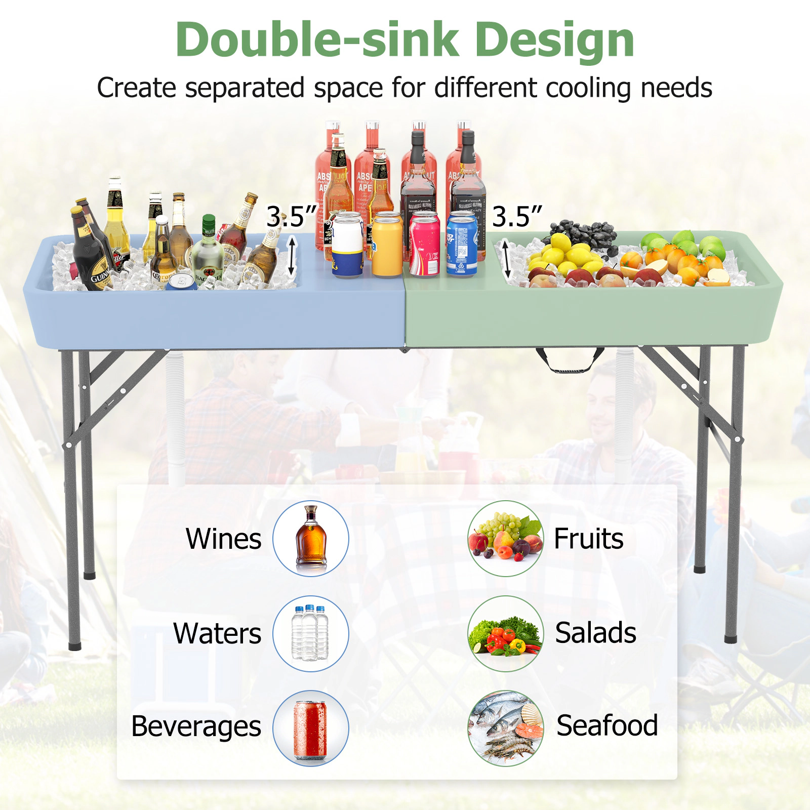 SUGIFT 5-Ft White Folding Ice Cooler Table with Double Sinks and Skirt 59-in W 24-in D 31-in H 110-lb Per Ice Bin