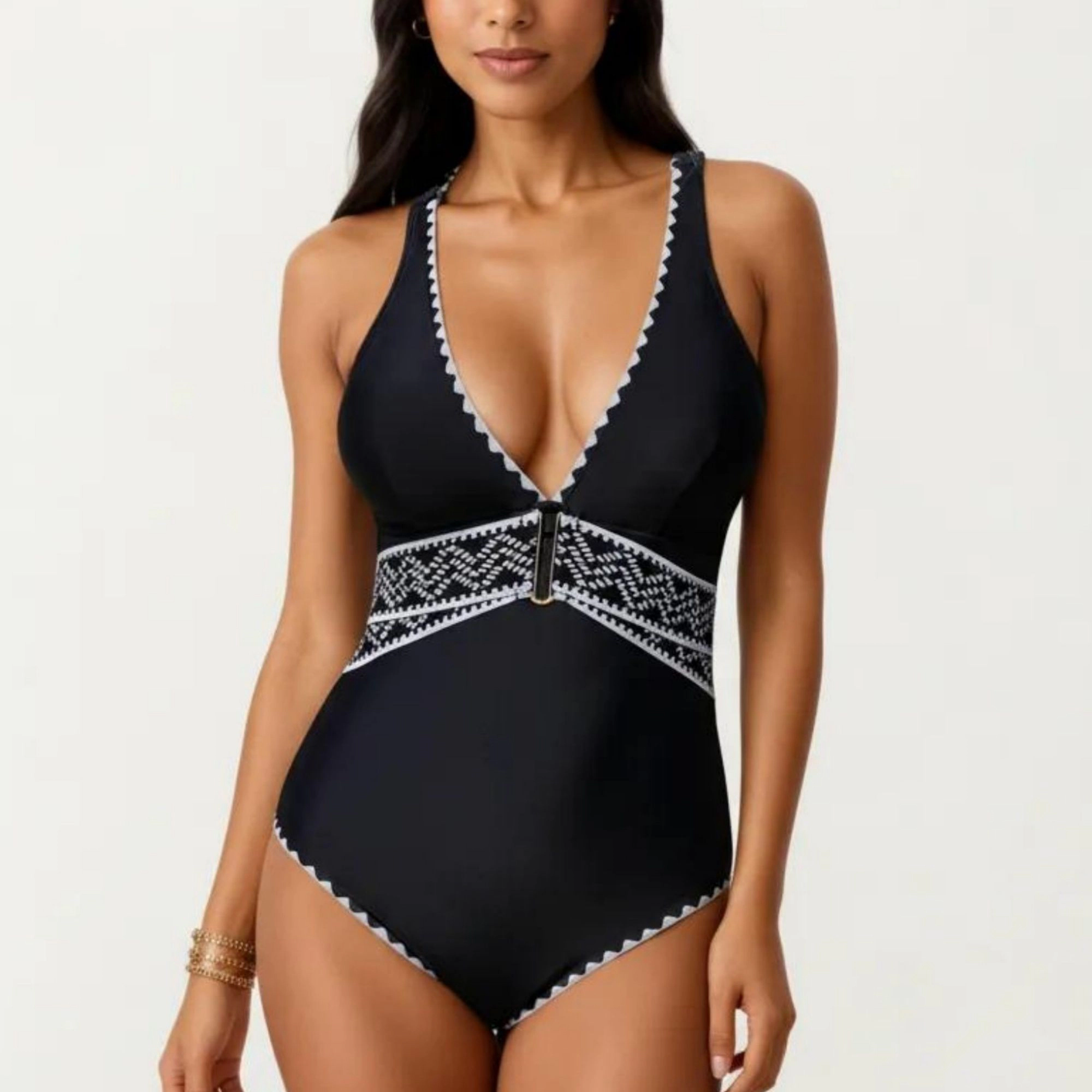 Anna-Kaci Women One Piece Swimsuit - Deep V Neck, Textured Waistband, Contrast Trim
