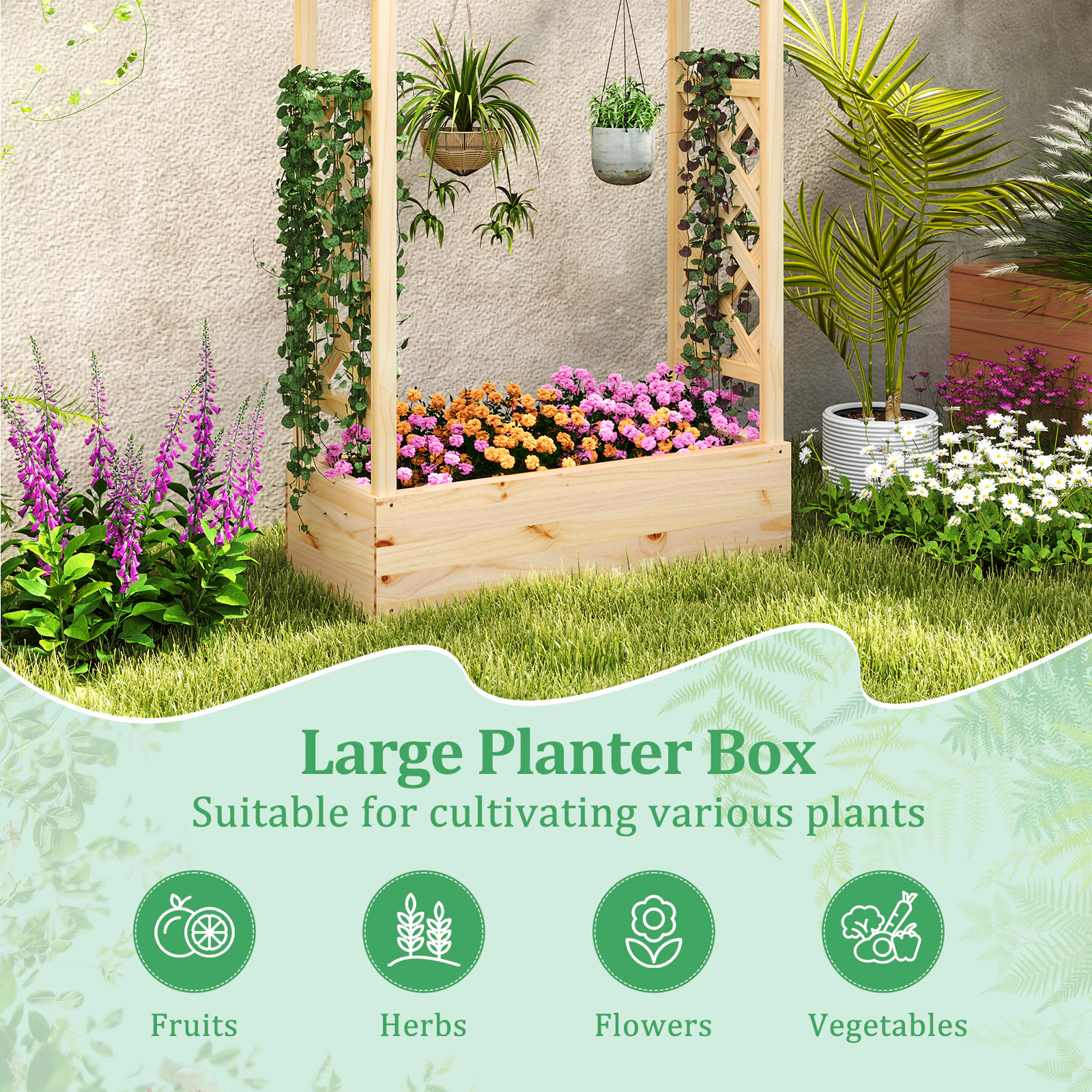 SlickBlue 44 Inch Elevated Garden Bed with Side Trellises Natural Wood