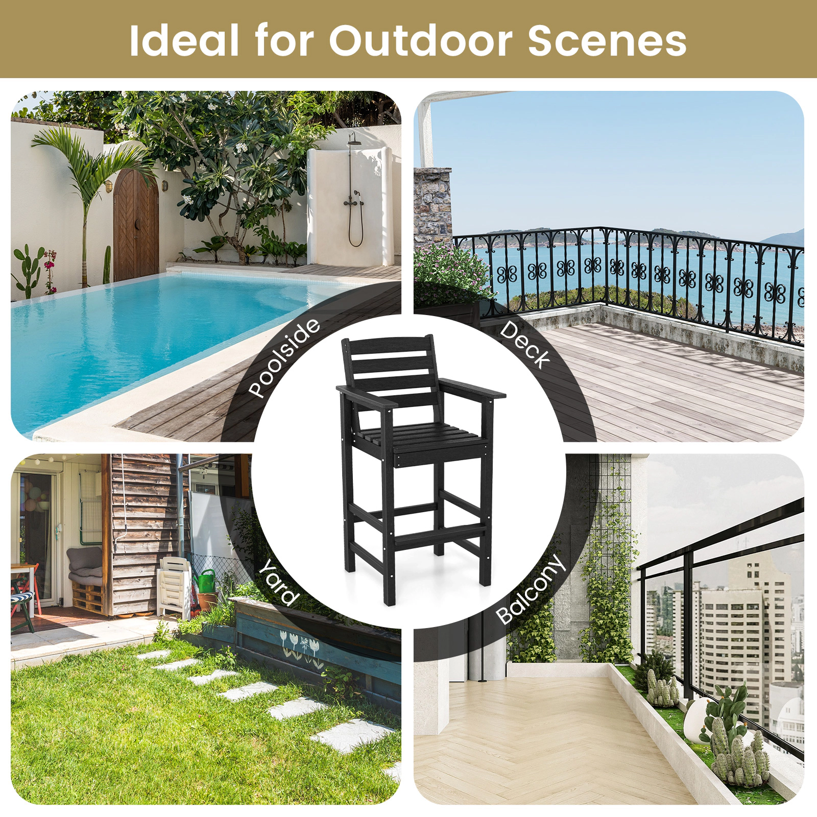 SUGIFT Set of 2 Black HDPE Adirondack Outdoor Bar Stools with Arms and Footrests
