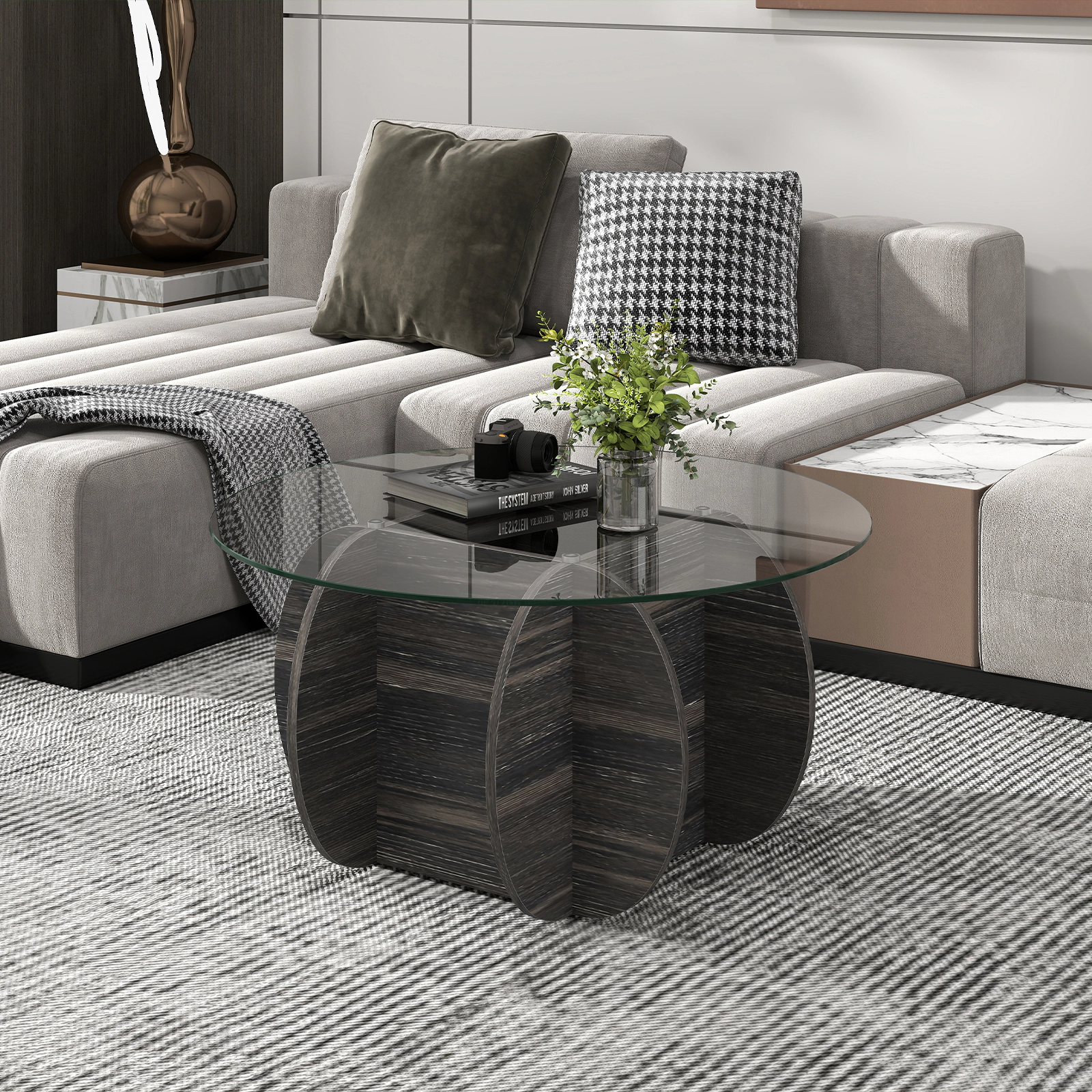 LJG 35" Round Coffee Table Unique Circle Center Table with Tempered Glass Top and Solid Wood Base