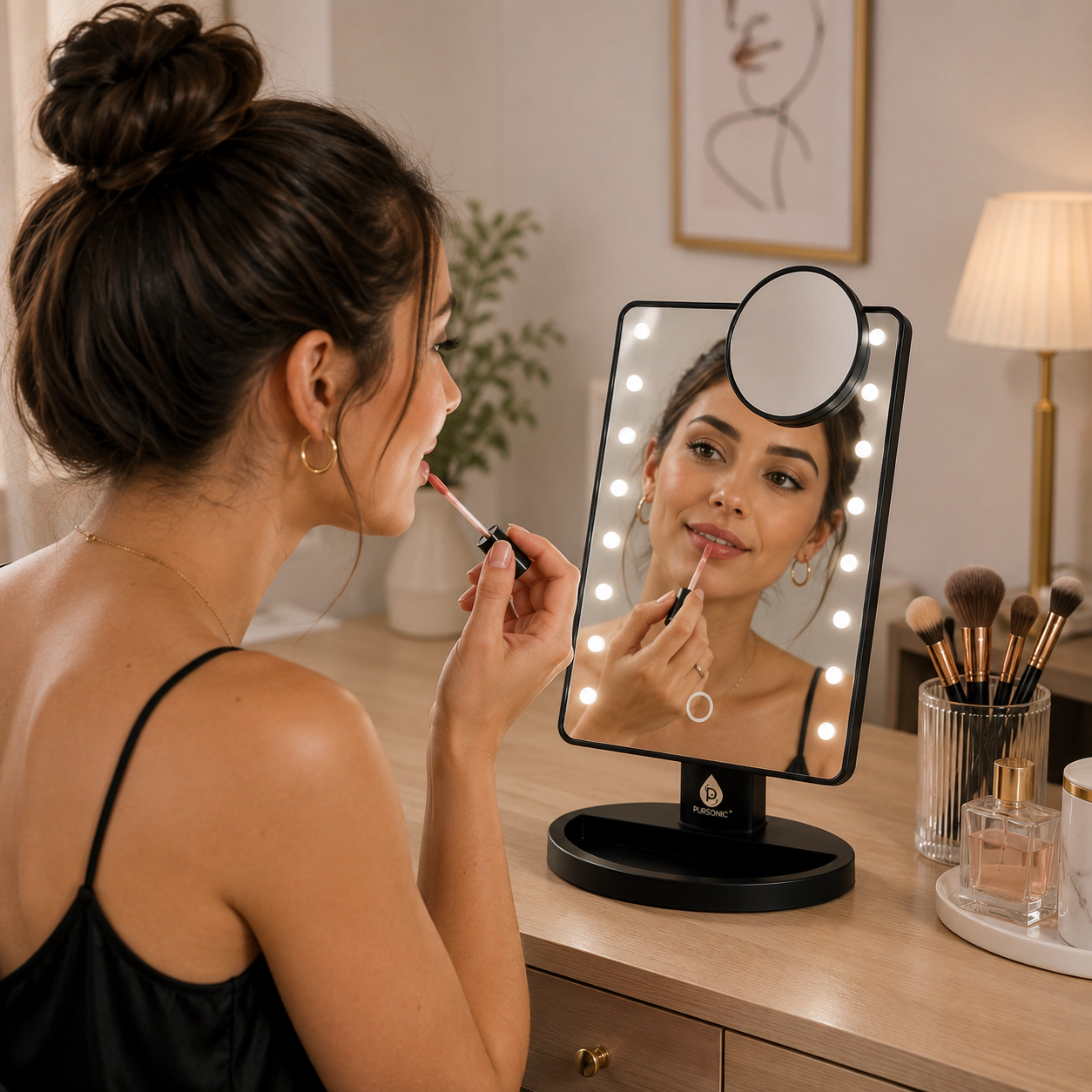 Pursonic Unisex LED Vanity Makeup Mirror Bundle: 16 LED Lights, Touch Dimming & 5X Magnification