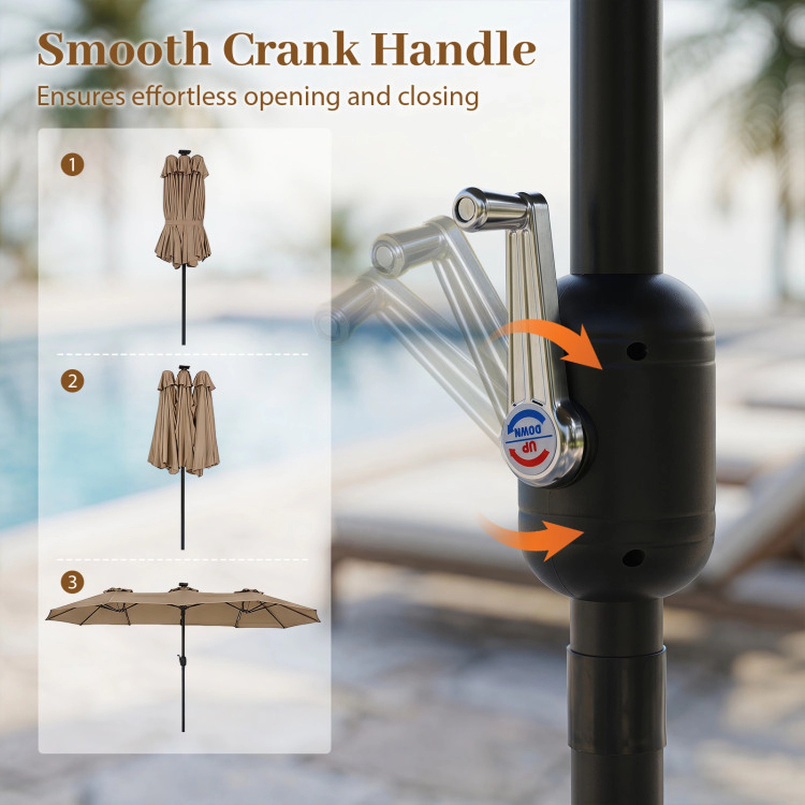 SUGIFT Solar-Powered LED Double-Sided Patio Market Umbrella 13-ft Canopy with 12 Metal Ribs and Crank Handle Tan