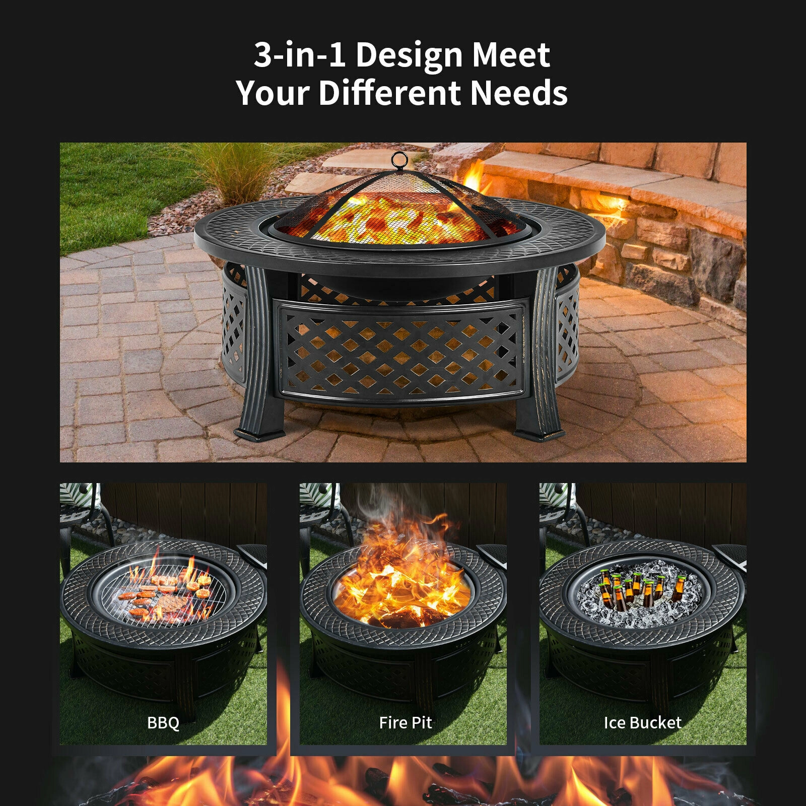 SUGIFT 32-Inch Black Steel Wood-Burning Fire Pit with BBQ Grill, Spark Cover, Poker and Rain Cover
