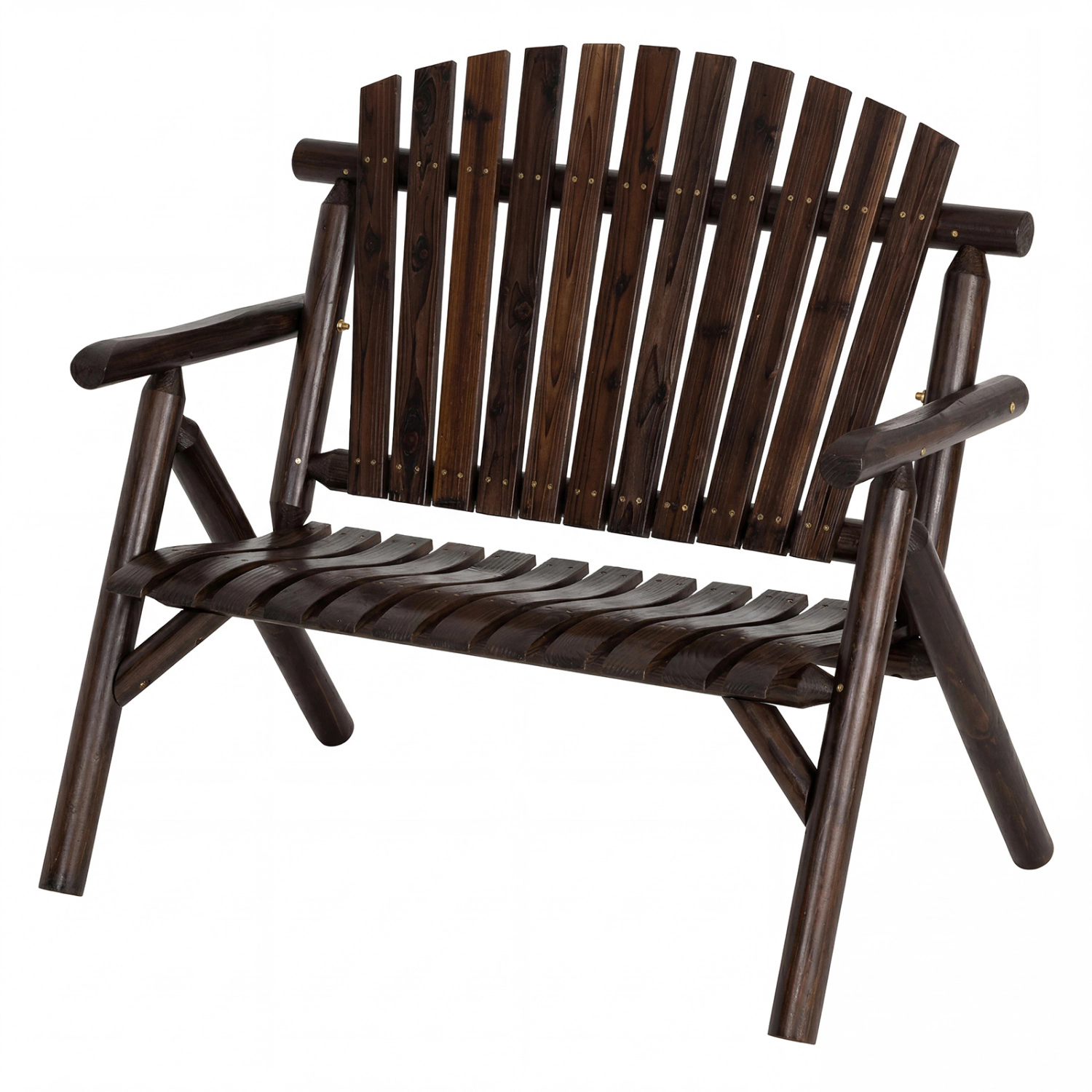 LJG 2-Person Log Wood Patio Bench with Slatted Backrest for Deck Backyard