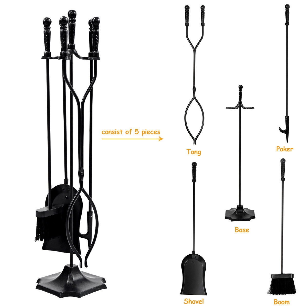 SUGIFT 5-Piece Iron Hearth Fireplace Tool Set and Stand Poker Tong Brush Shovel 31-in Tall 7 x 7-in Base Bronze/Black