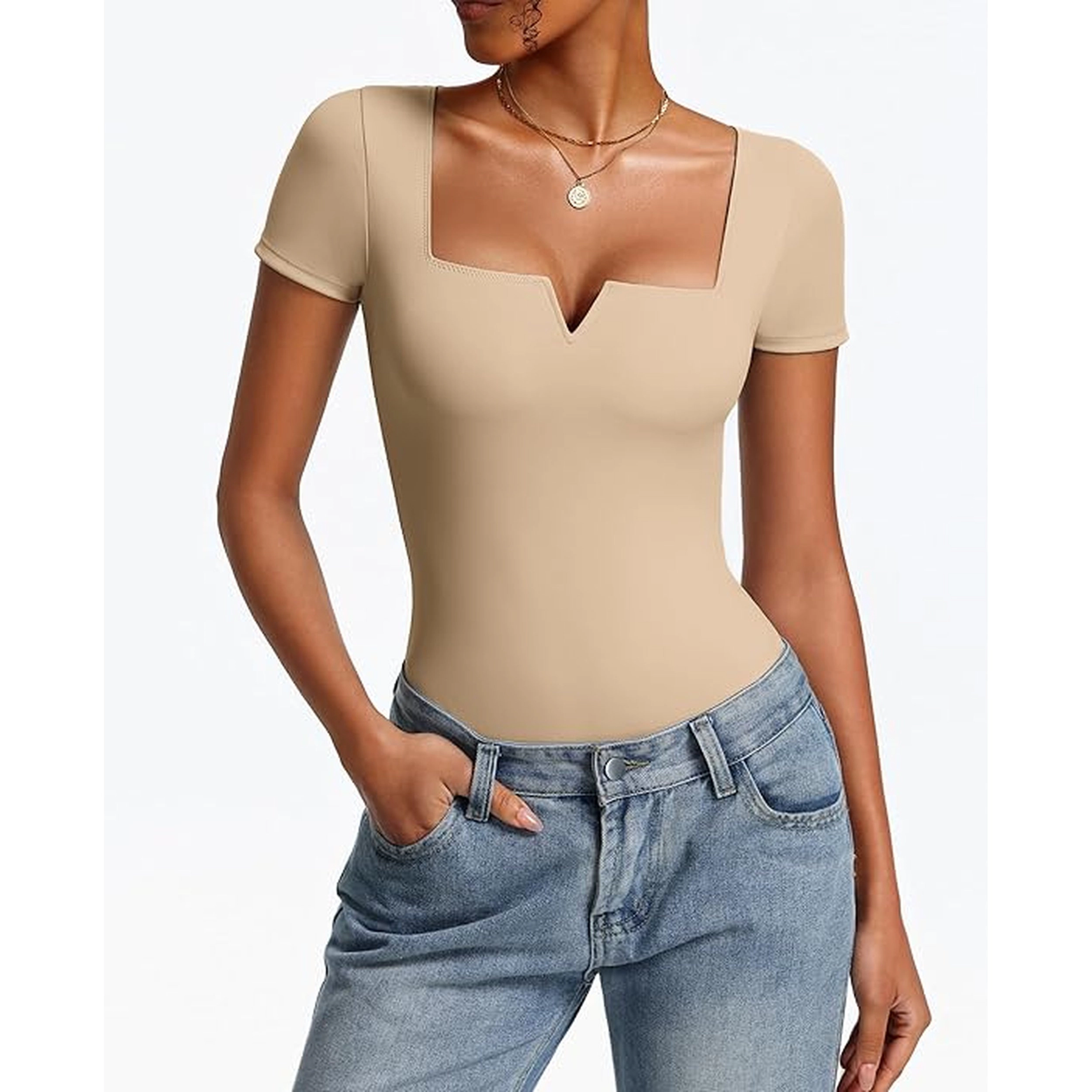 Avidlove Women's Notch Square Neck Short Sleeve Thong Snap Closure Bodysuit