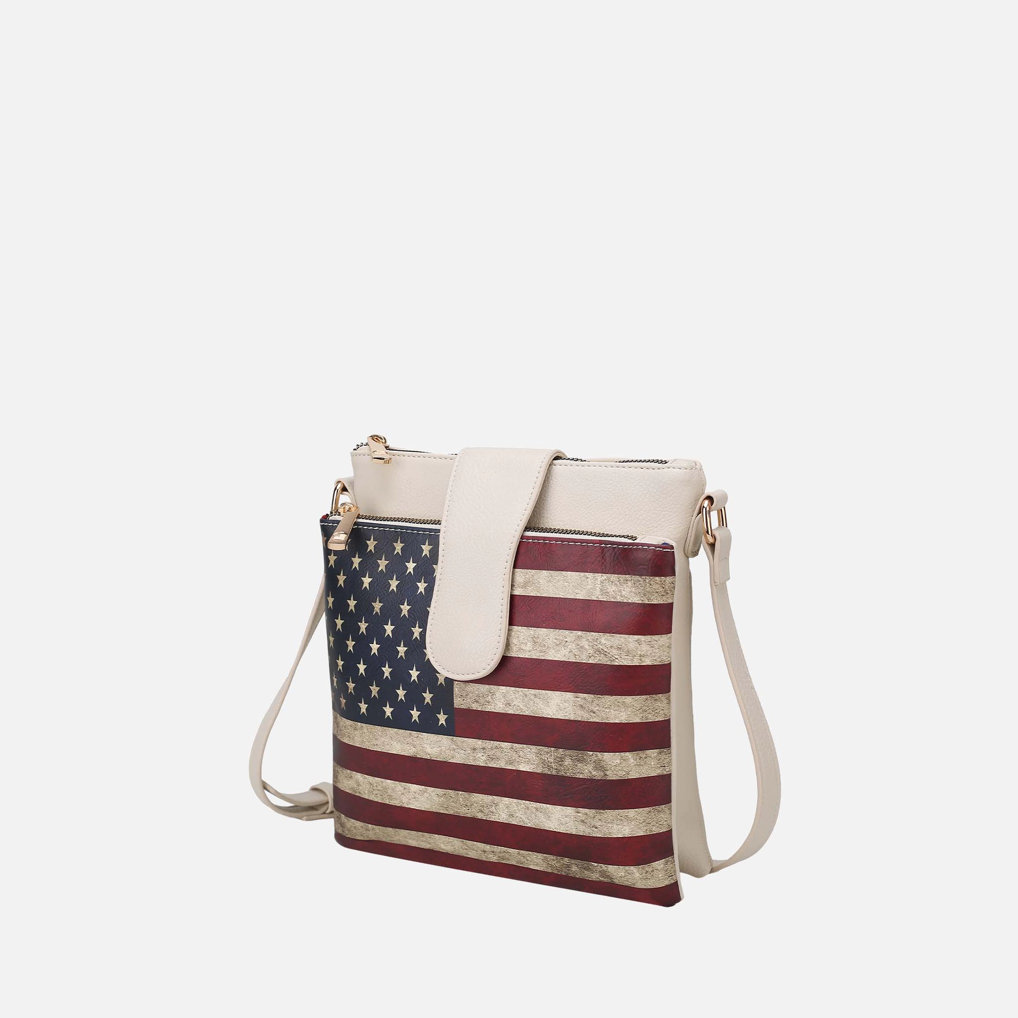 Mia K Collection Josephine Crossbody Bag - Vegan Leather Patriotic Print, Two-Compartment, Adjustable Strap