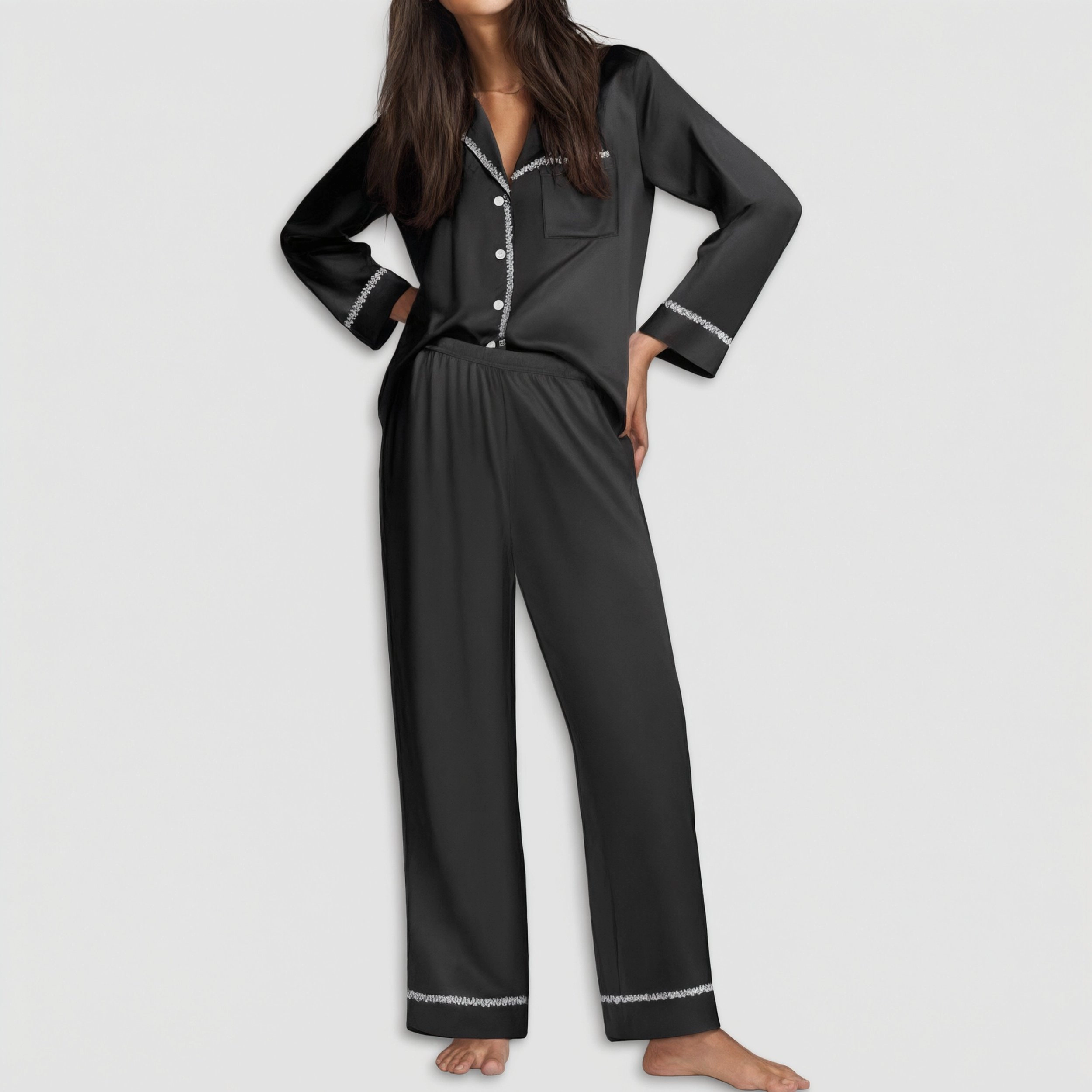 Ekouaer Satin Pajama Set Silky Sleepwear Long Sleeve Top and Pants Button Down Pajamas Lounge