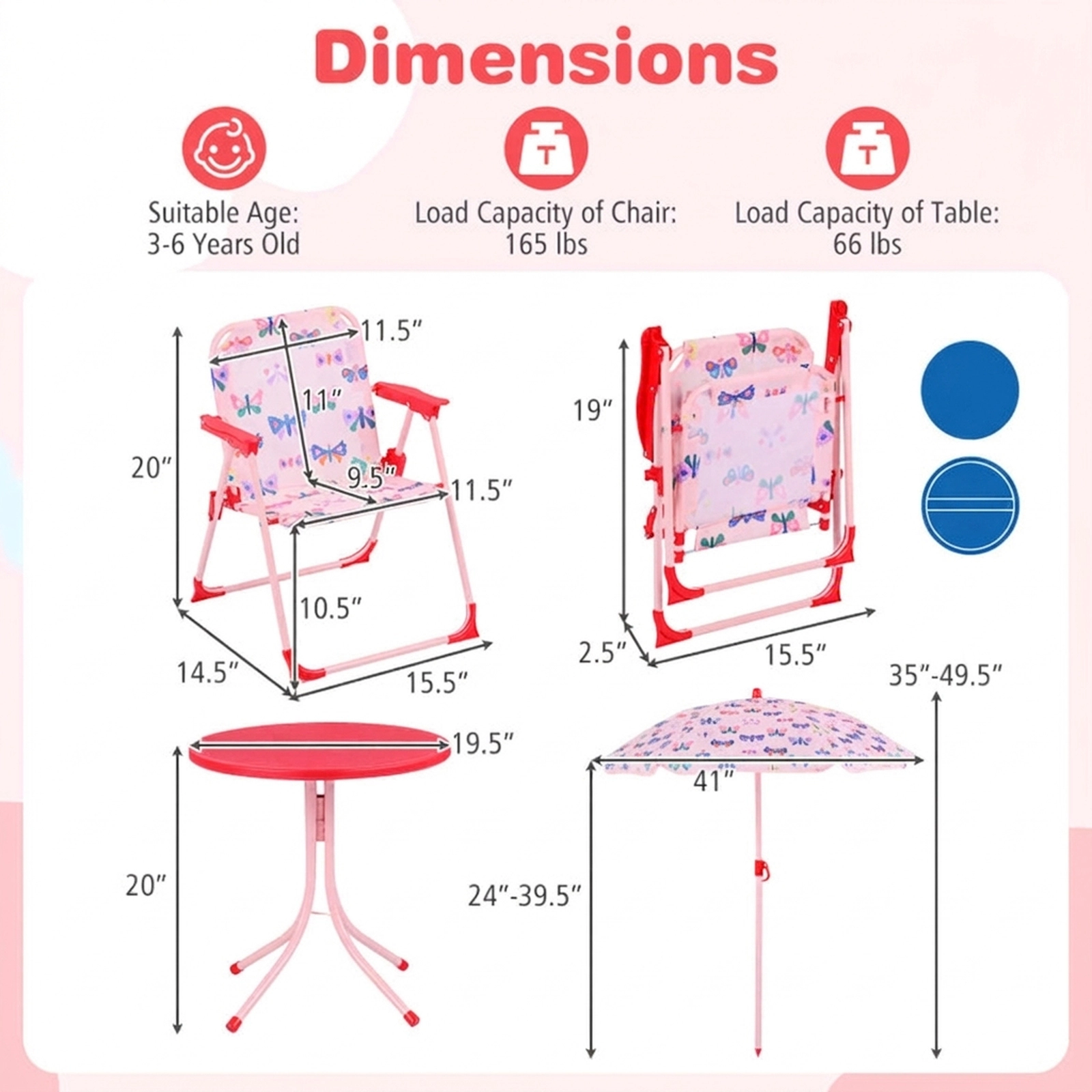 SUGIFT Pink 2 Folding Chairs and Adjustable Umbrella Kids Outdoor Table and Chair Set