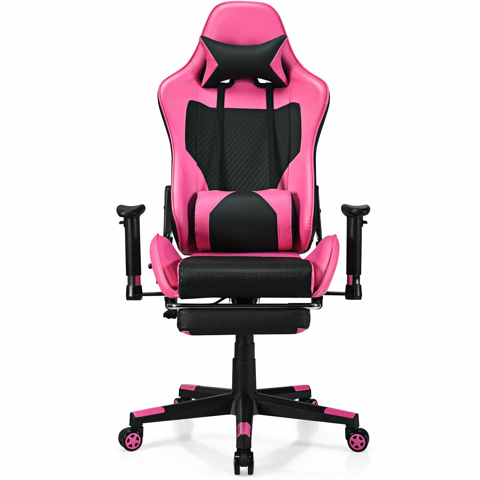 SUGIFT Pink USB Massage Lumbar Pillow and Retractable Footrest PU Leather Gaming Chair