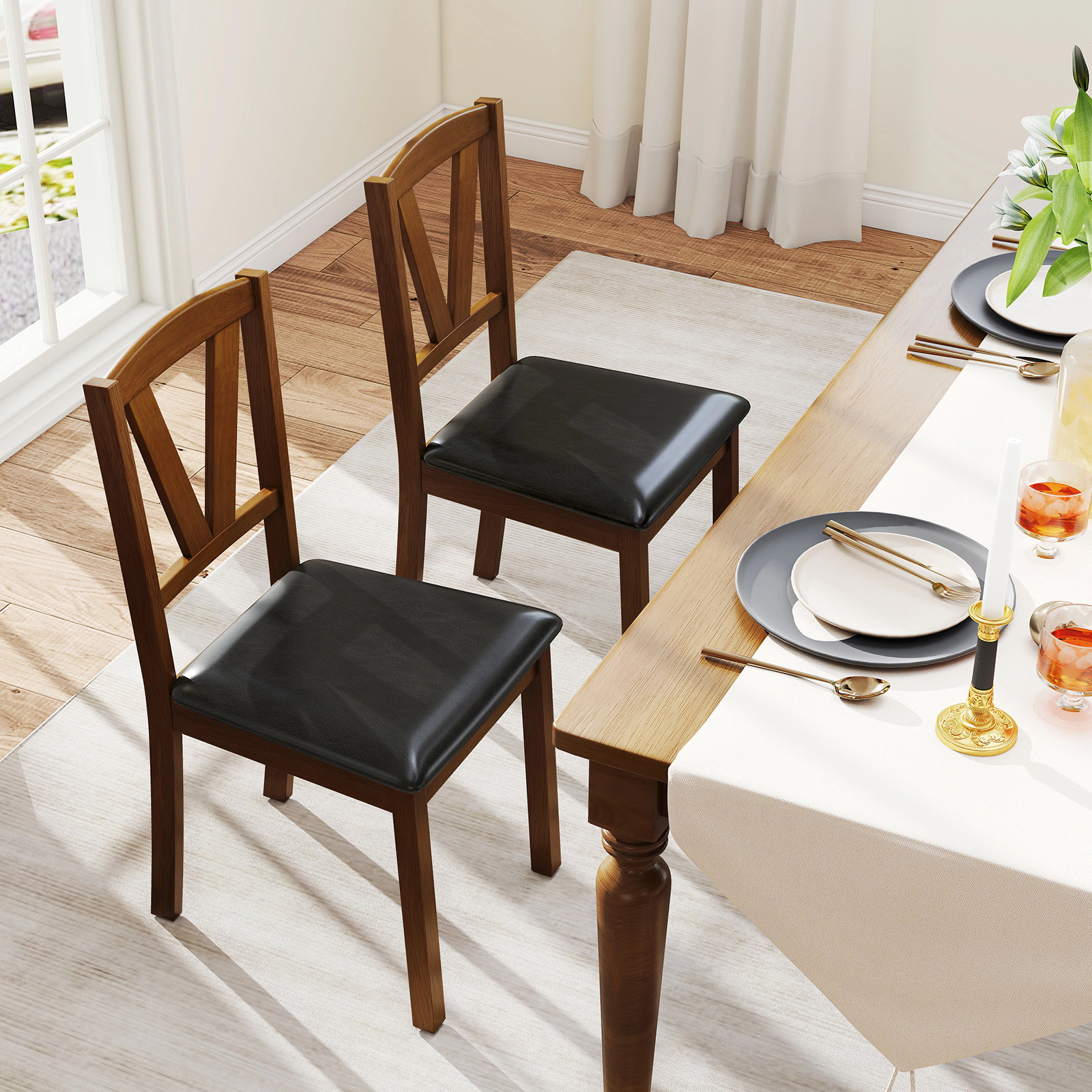 LJG Wooden Dining Chair Set of 2 with PU Leather Upholstered and Rubber Wood Frame