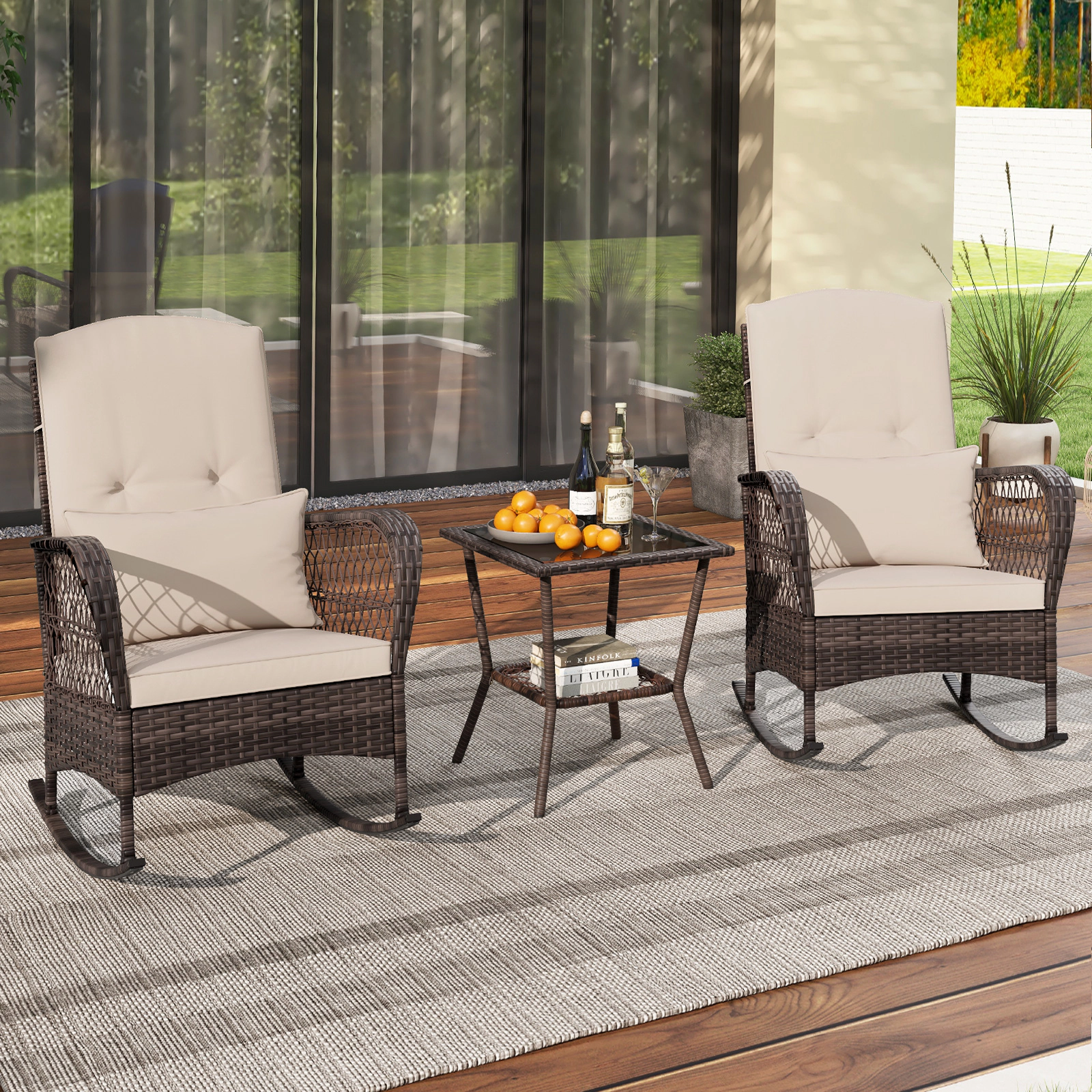 SUGIFT Rocking Conversation Bistro Set with 2-Tier Coffee Table 440-lb Capacity Mix Brown with Cushions
