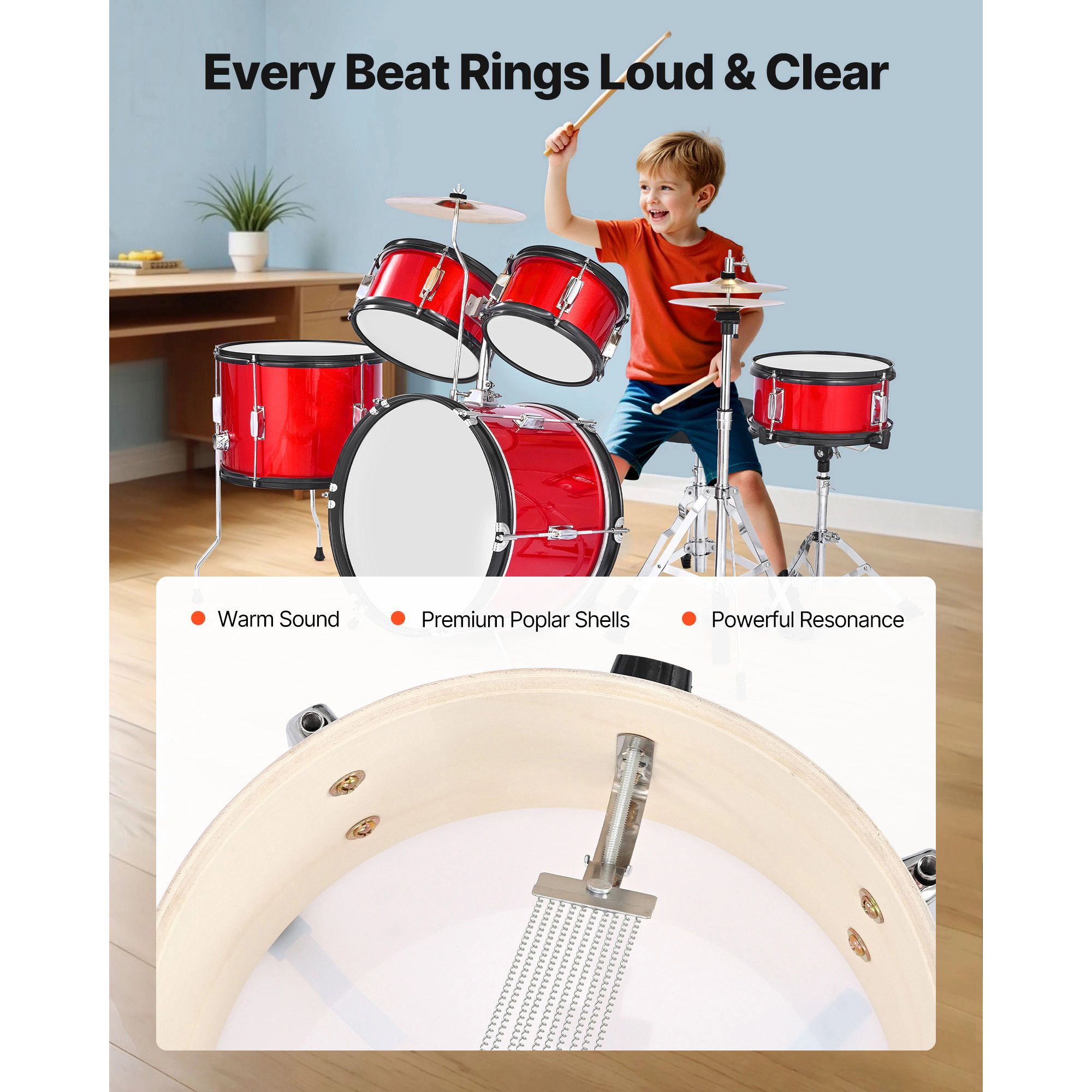 HONGGE Kids Drum Set Junior Drum Sets Beginner Drums Set with Adjustable Throne Cymbal & Two Pairs of Drumsticks