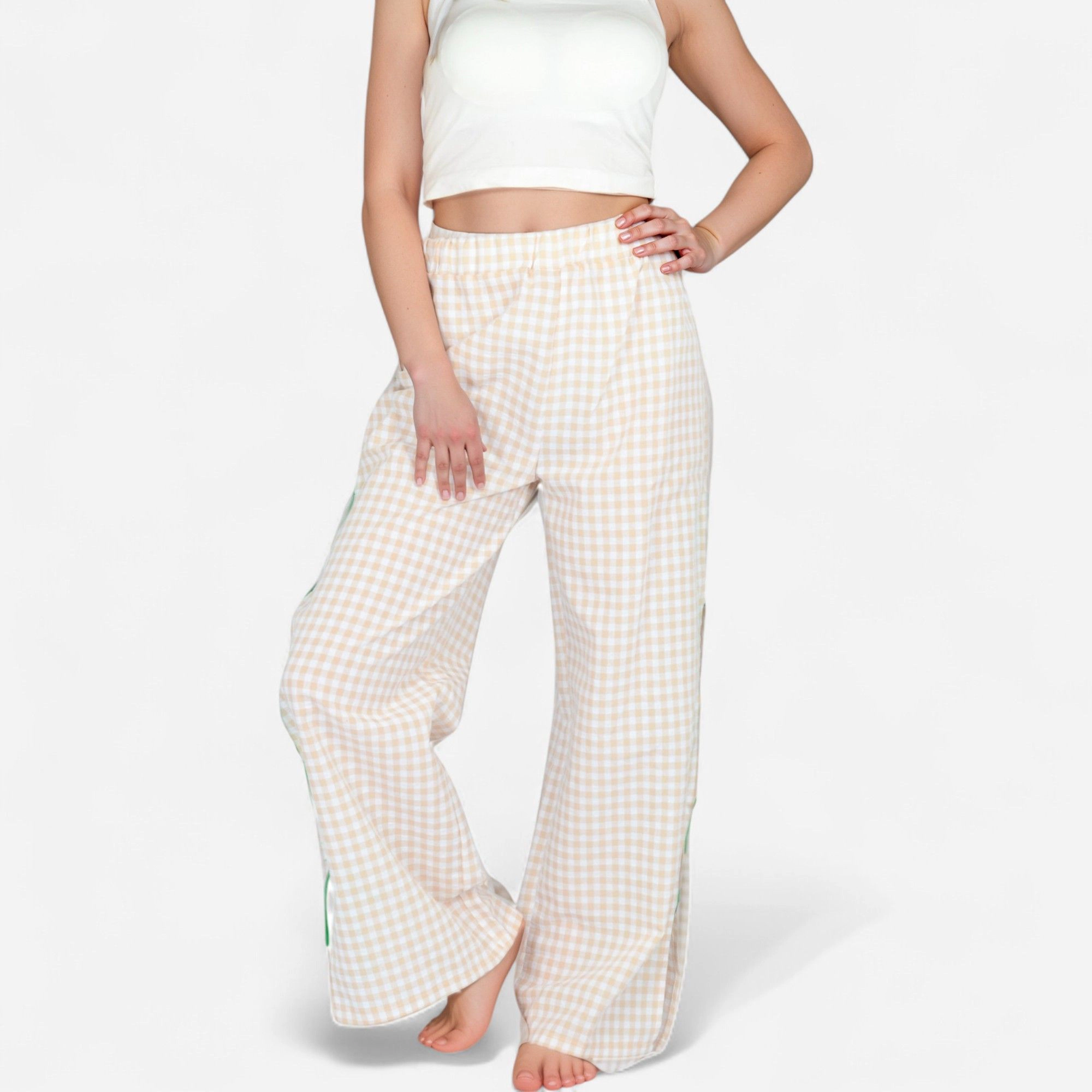 Anna-Kaci Women's Gingham Wide Leg Pants with Elastic Waistband Contrast Side Ribbon Tie Details Design