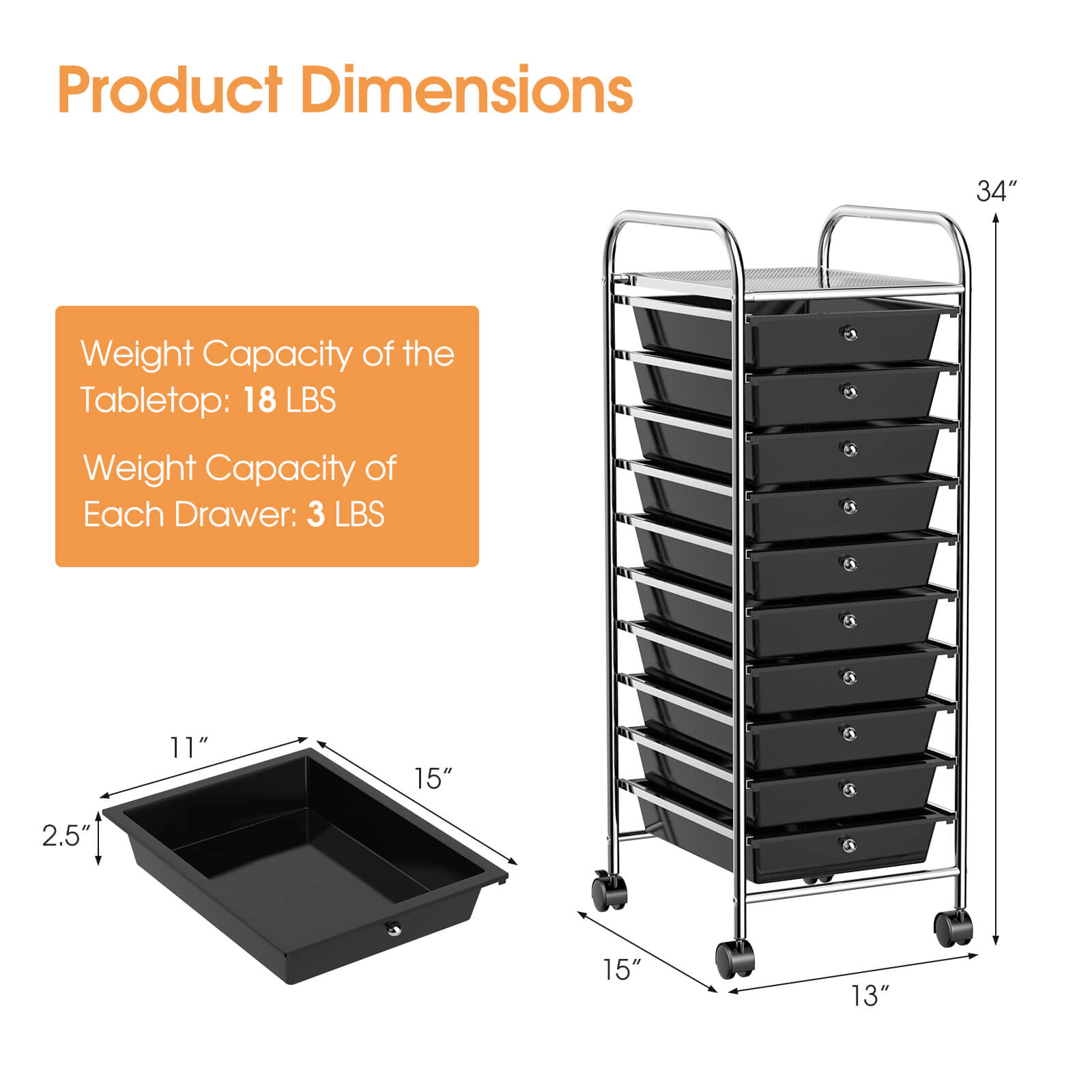 SUGIFT Black 13-in 10-Drawer Slim Rolling Cart Narrow Office Organizer with Pull-Out Trays and Wheels