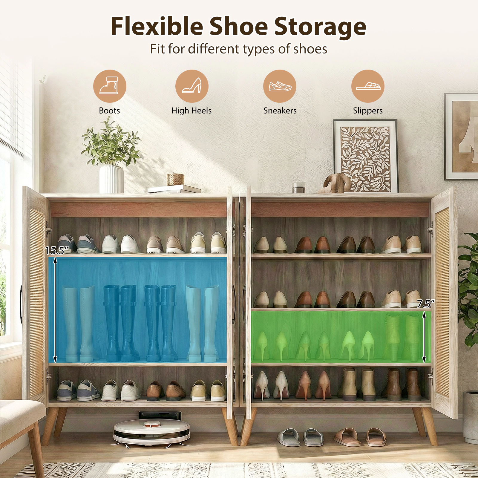 SUGIFT Natural 3 Removable Shelves and Rubber Wood Legs 5-Tier Rattan Shoe Cabinet
