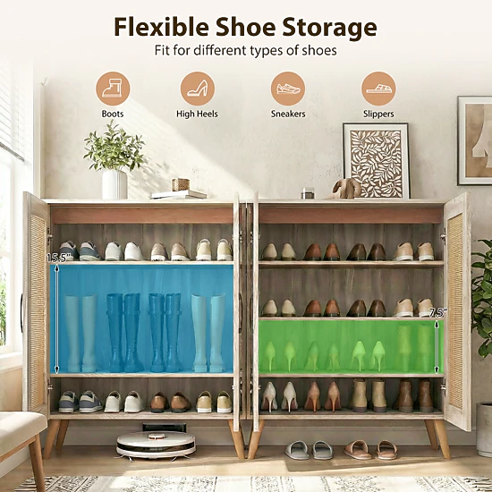 SUGIFT 5-Tier Natural Rattan Shoe Rack Cabinet with 3 Removable Shelves and Rubber Wood Legs 155-lb Top