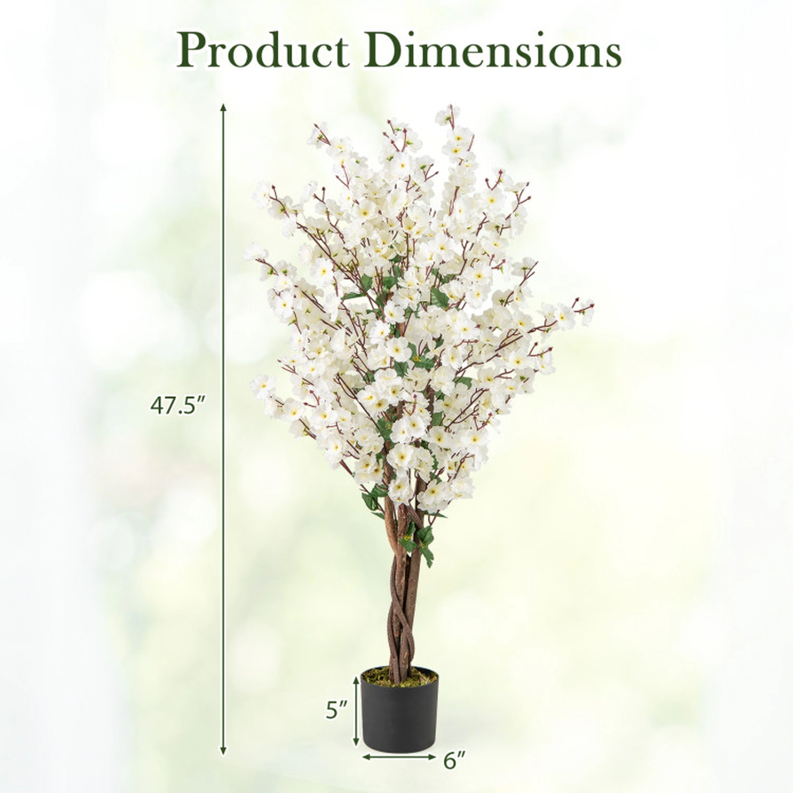 SUGIFT 47-in Fabric Flowers Solid Wood Trunk Cement Filled Pot Faux Plum Blossom Tree 6-in x 5-in Pot 9-lb White