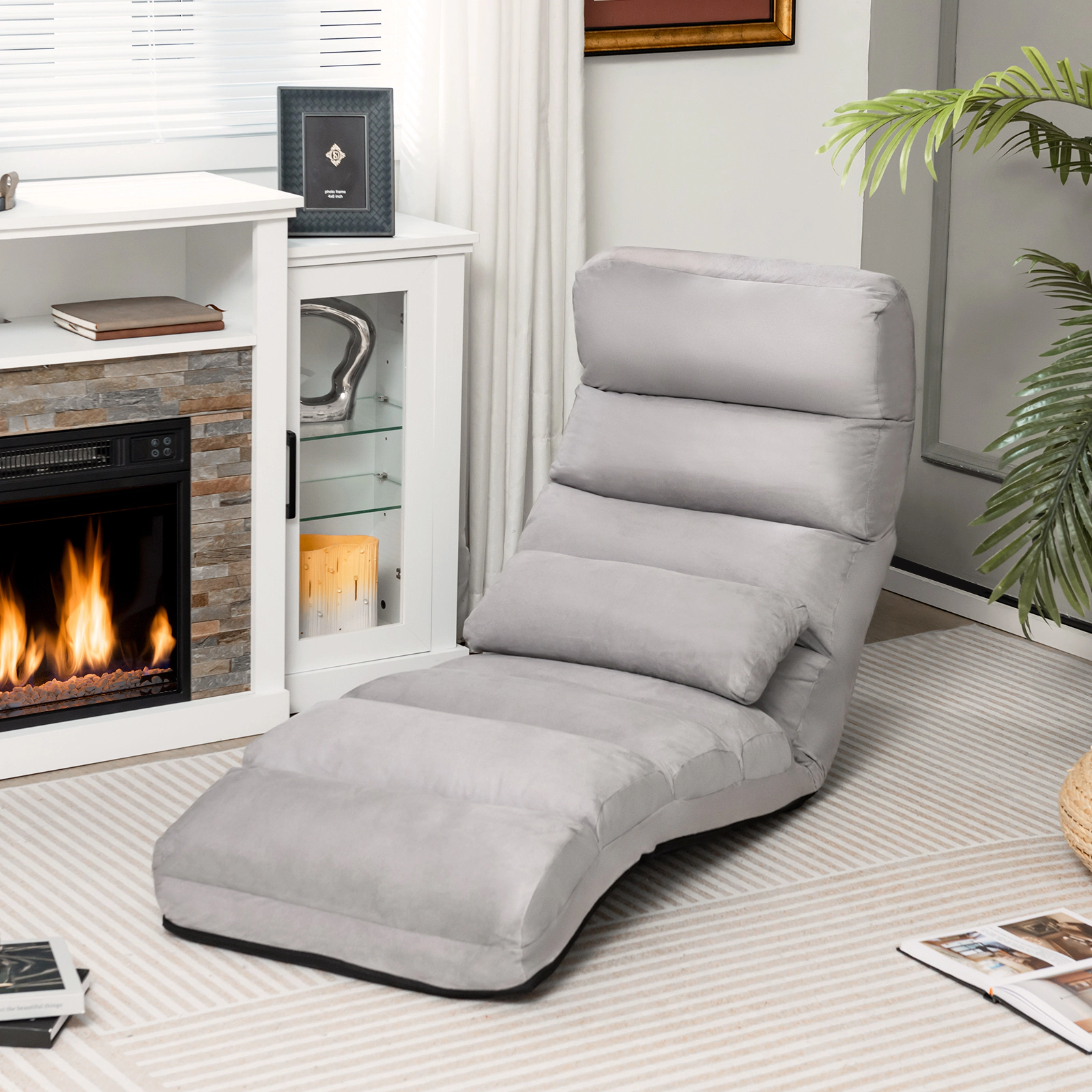 SUGIFT 5-Position Backrest 3-Position Footrest Faux Suede Floor Sofa Chair 70-in x 22-in x 8.5-in 230-lb Capacity Gray