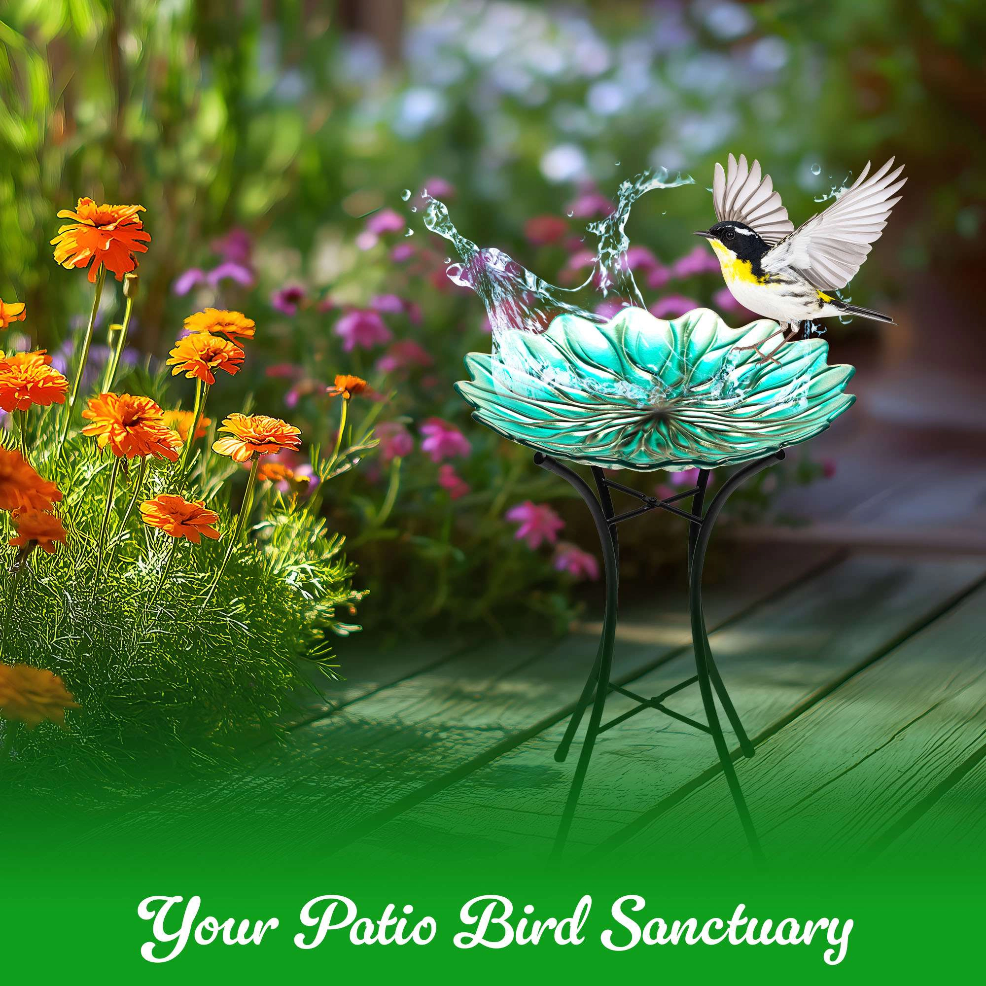 G128 19in Painted Glass Bird Bath with Metal Stand - Green Decorative Outdoor Feeder Bowl