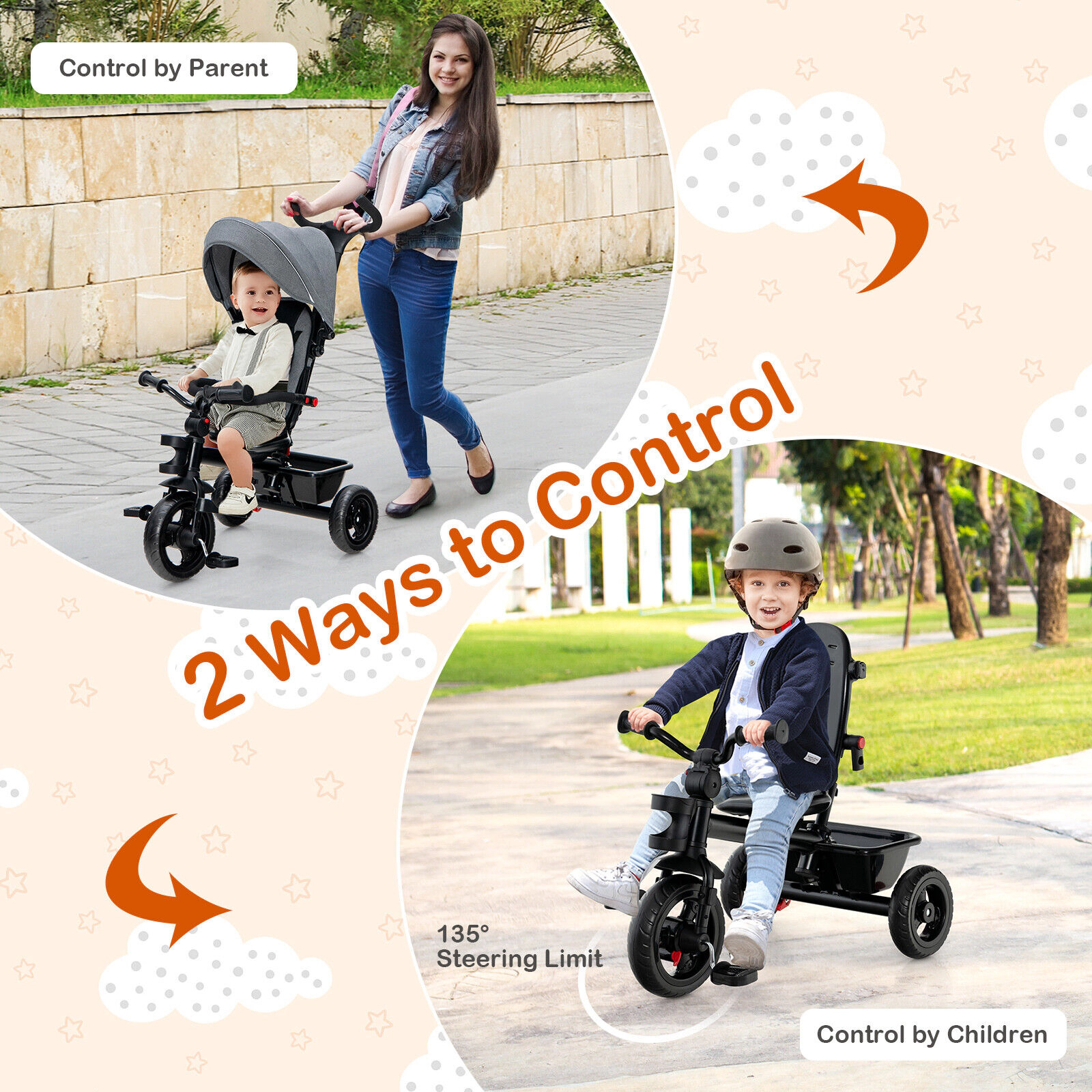 SUGIFT Toddler Gray 4-in-1 Baby Tricycle with Reversible Seat and Push Handle 38-in W 42-in H 55-lb Seat Capacity