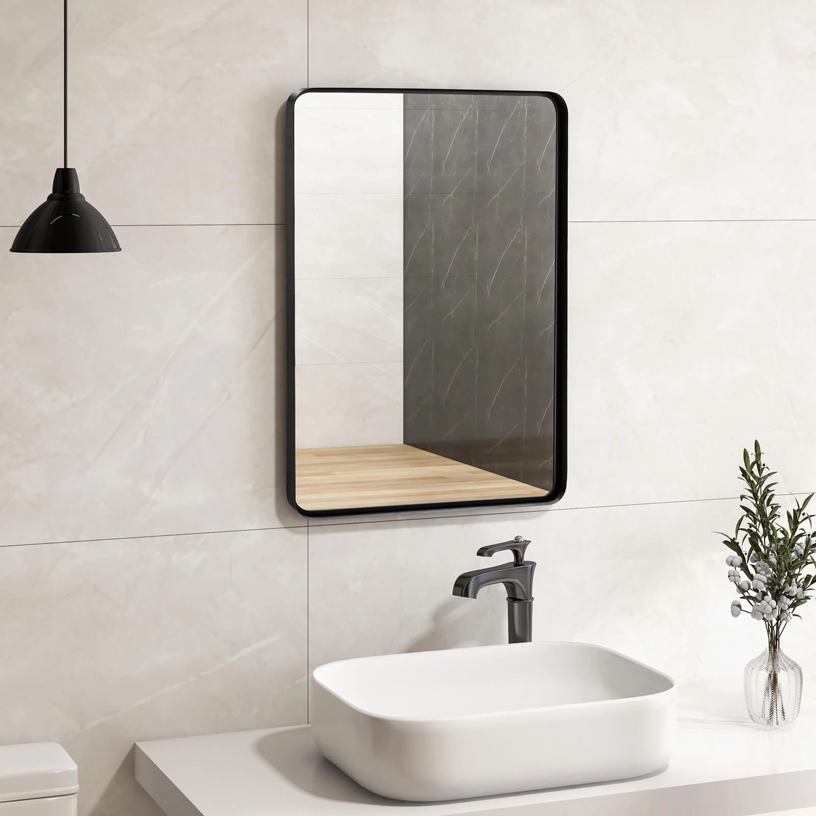 SUGIFT Black Medium Rectangular Wall Mount Bathroom Mirror with Steel Frame and MDF Backboard 30-in H 22-in W