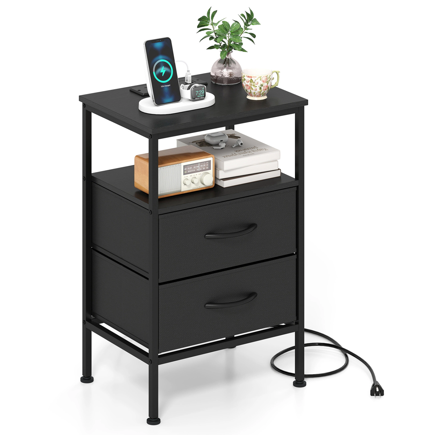 Glintex 24.5-Inch Nightstand with Charging Station and 2 Folding Fabric Drawers