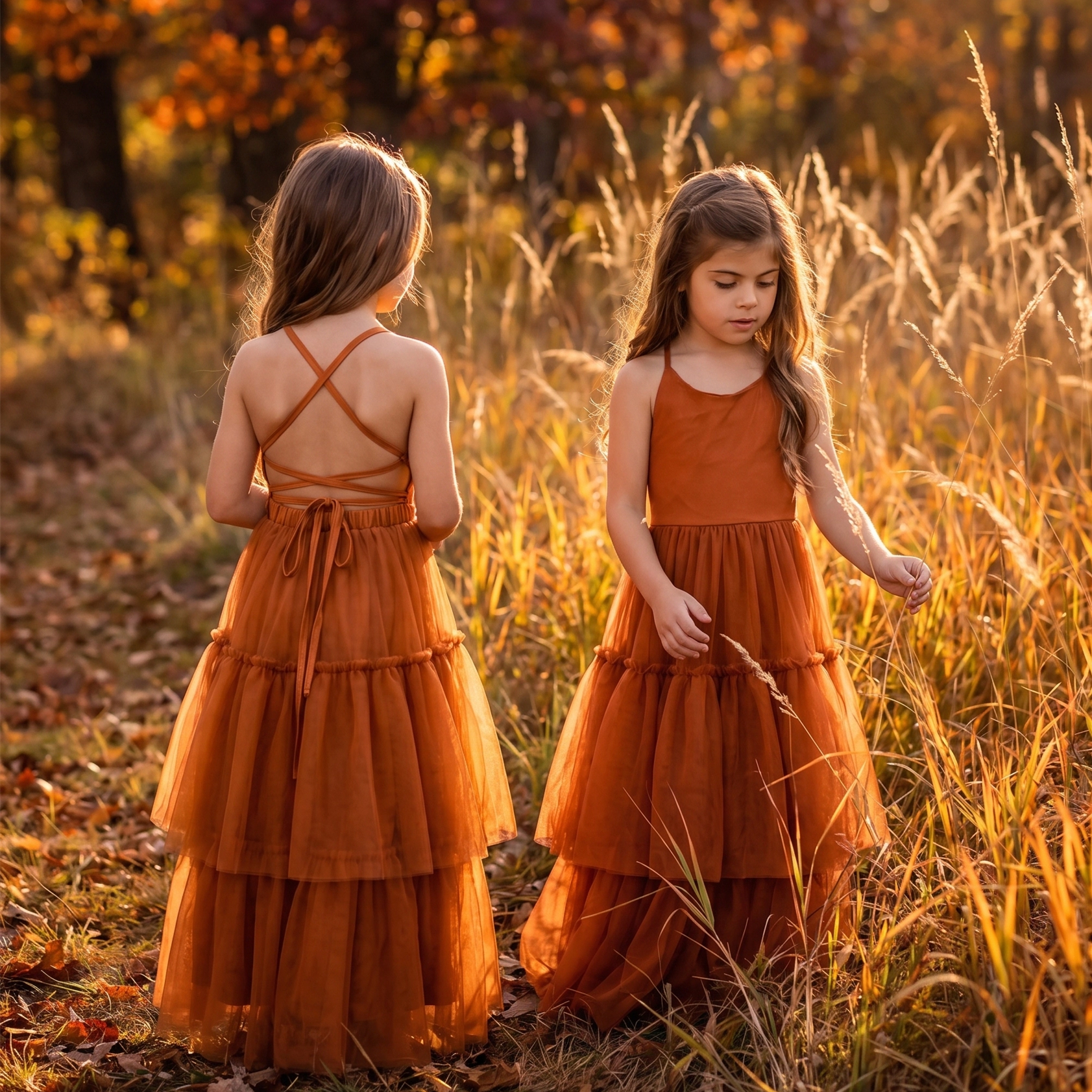 2Bunnies Girls Boho Tiered Tulle Maxi Dress with Crisscross Open Back