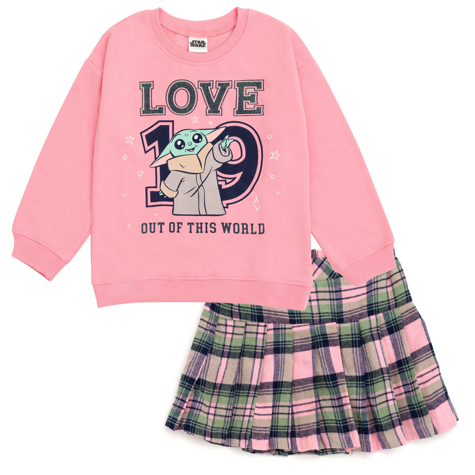 Star Wars The Mandalorian Grogu Girls' 2-Piece Sweatshirt and Pleated Skirt Set