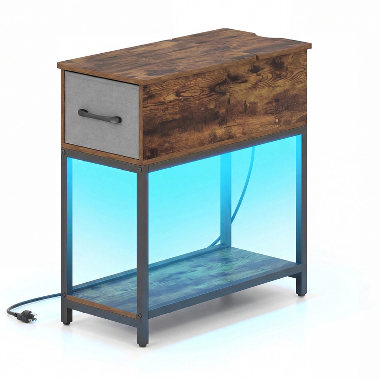 SUGIFT Slim 11.5-in Nightstand with Charging Station, LED Lights and Fabric Drawer