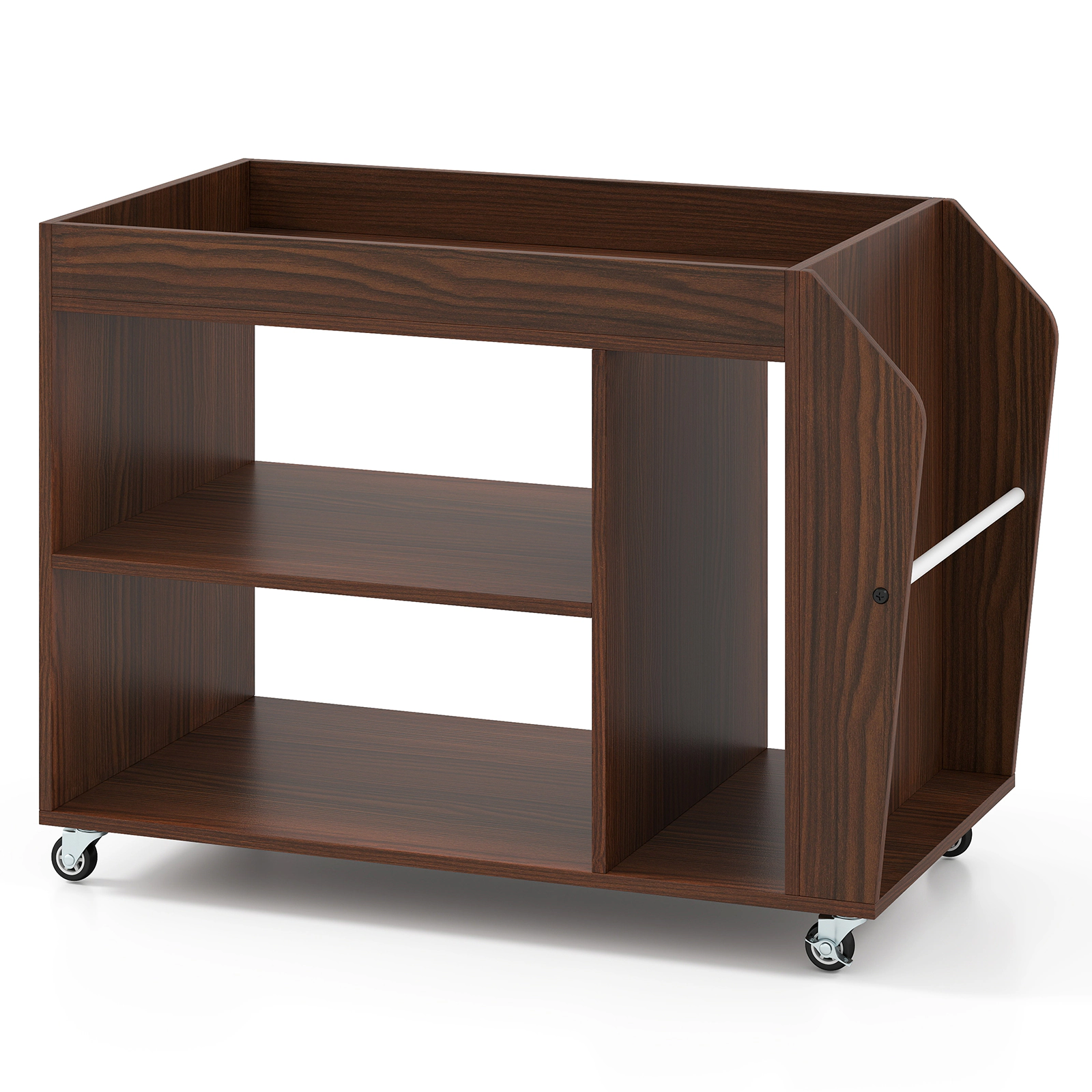 SUGIFT 3-Tier Engineered Wood Side End Table with Wheels 44-lb Countertop Capacity Walnut