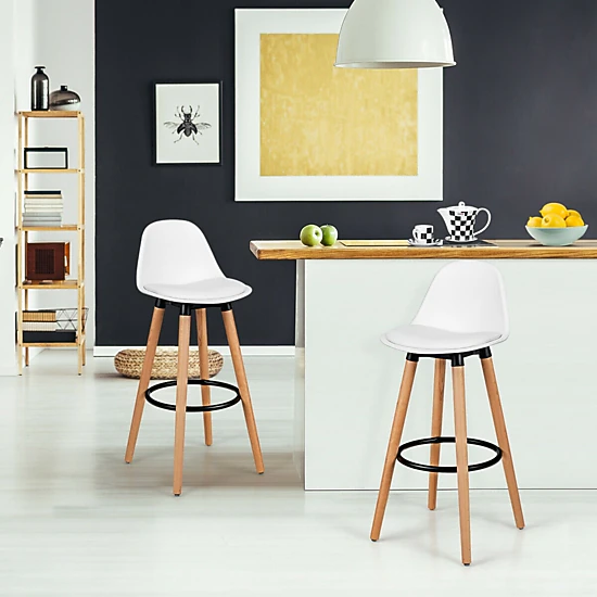 SUGIFT 2-Piece Mid Century Bar Stool Set with Beech Wood Legs 250-Lb Capacity Dining Pub Chairs White