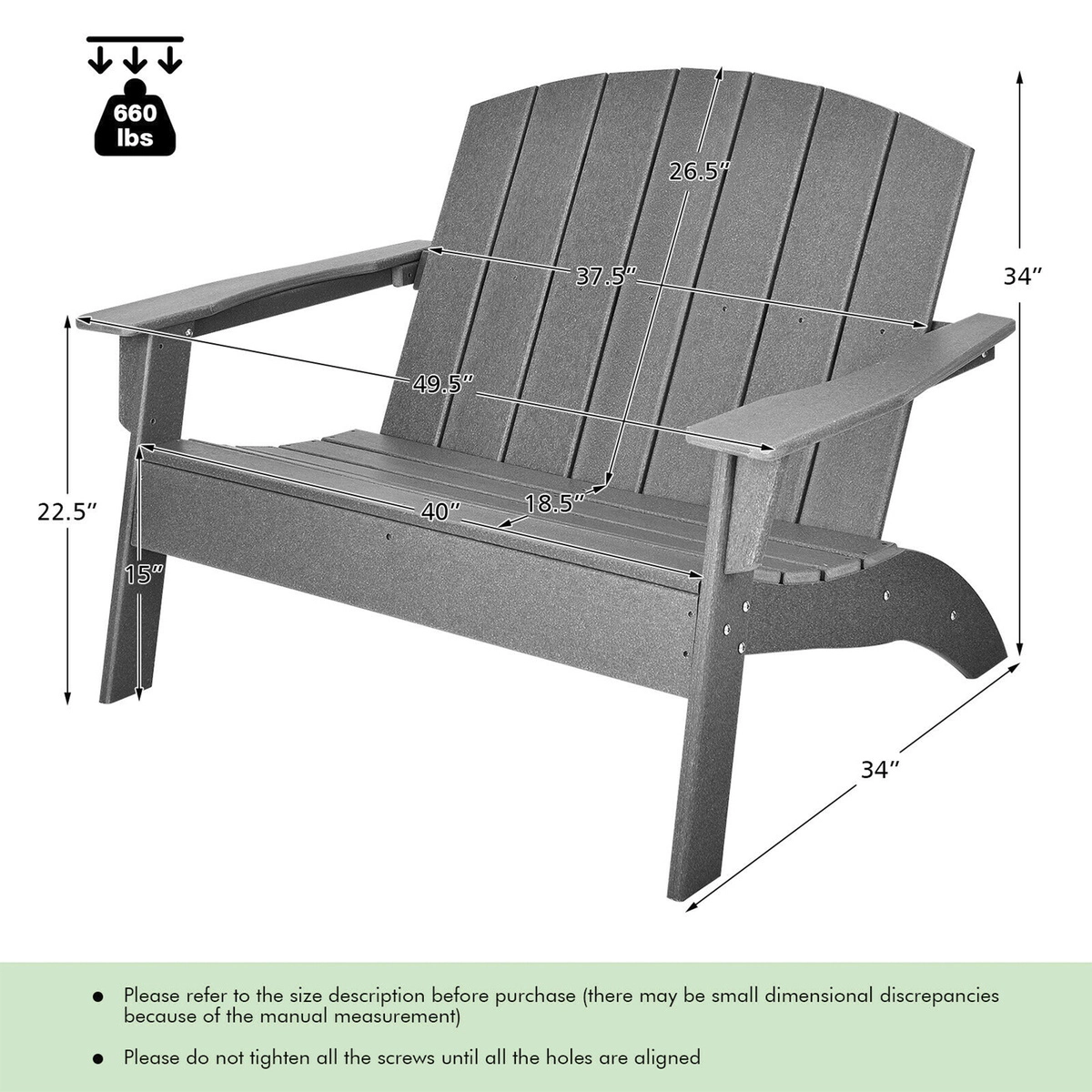 SUGIFT Gray HDPE Adirondack Loveseat Chair with Wide Armrests 49.5-in W 34-in D 34-in H 660-lb Seat Capacity