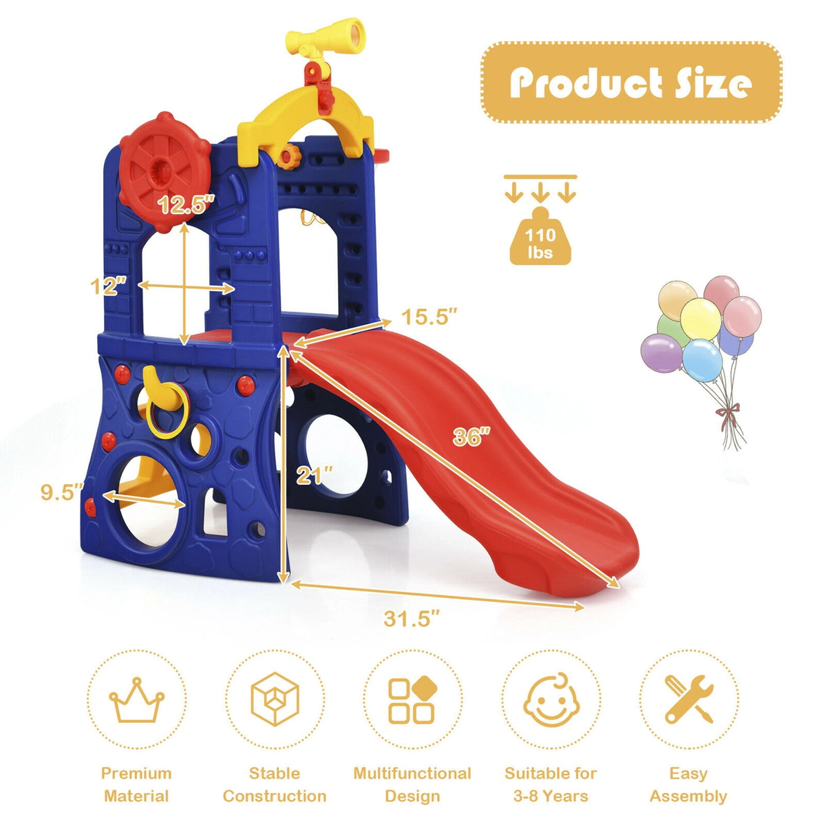 SUGIFT 6-in-1 Freestanding Kids Climber Slide with Basketball Hoop & Ring Toss 110-lb Capacity Ages 3-8 As Picture Shows