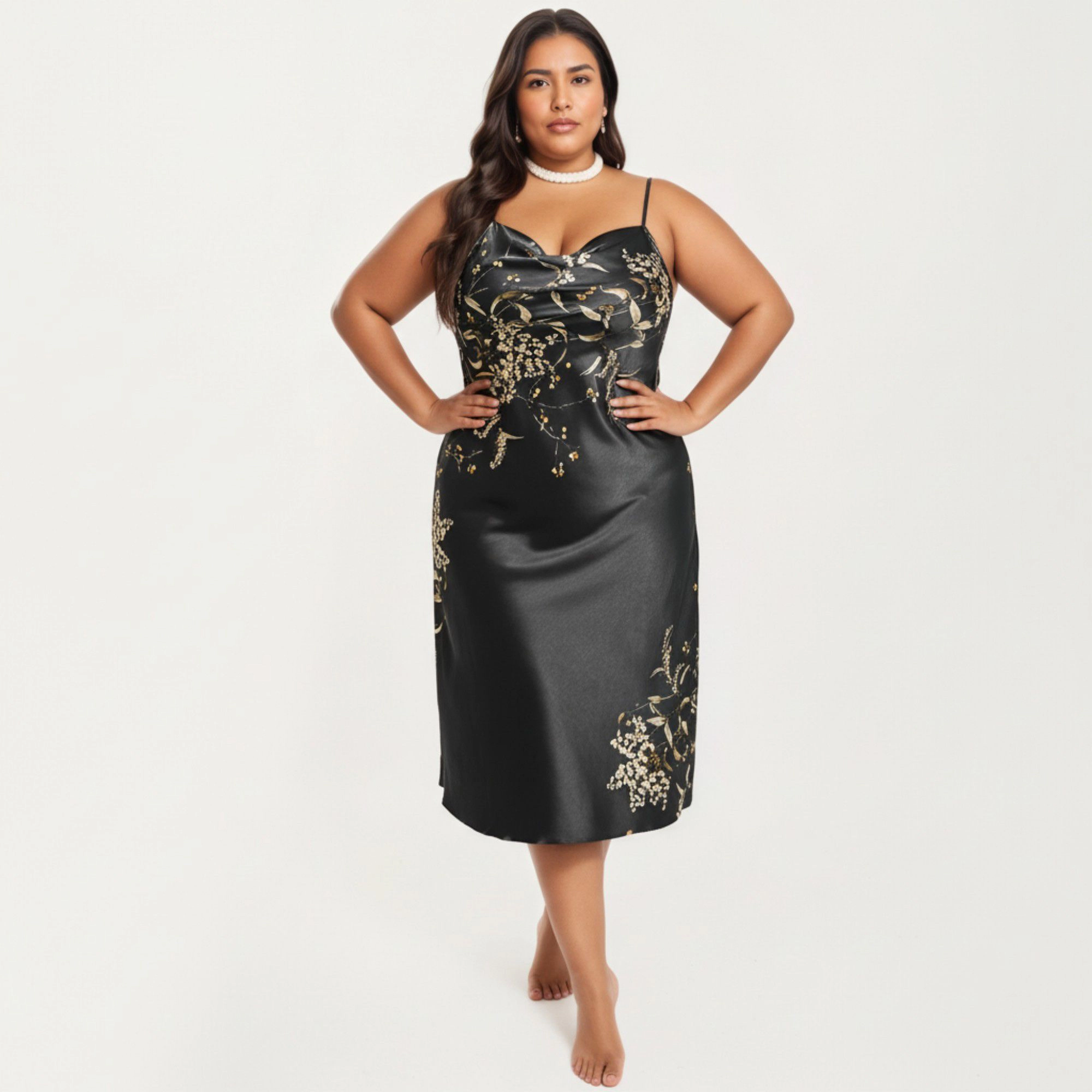 Anna-Kaci Women's Plus Satin Floral Slip Nightgown Adjustable Spaghetti Straps Cowl Neck Midi Length Dress