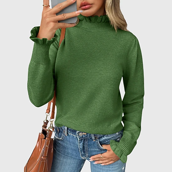 YesFashion Women's Ruffle Mock Neck Sweater Casual Long Puff Sleeve Soft Knit Pullover Tops