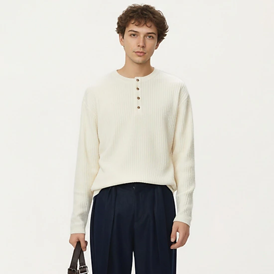 Anna-Kaci Men's Long Sleeve Ribbed Knit Henley Pullover with Button Placket and Relaxed Fit