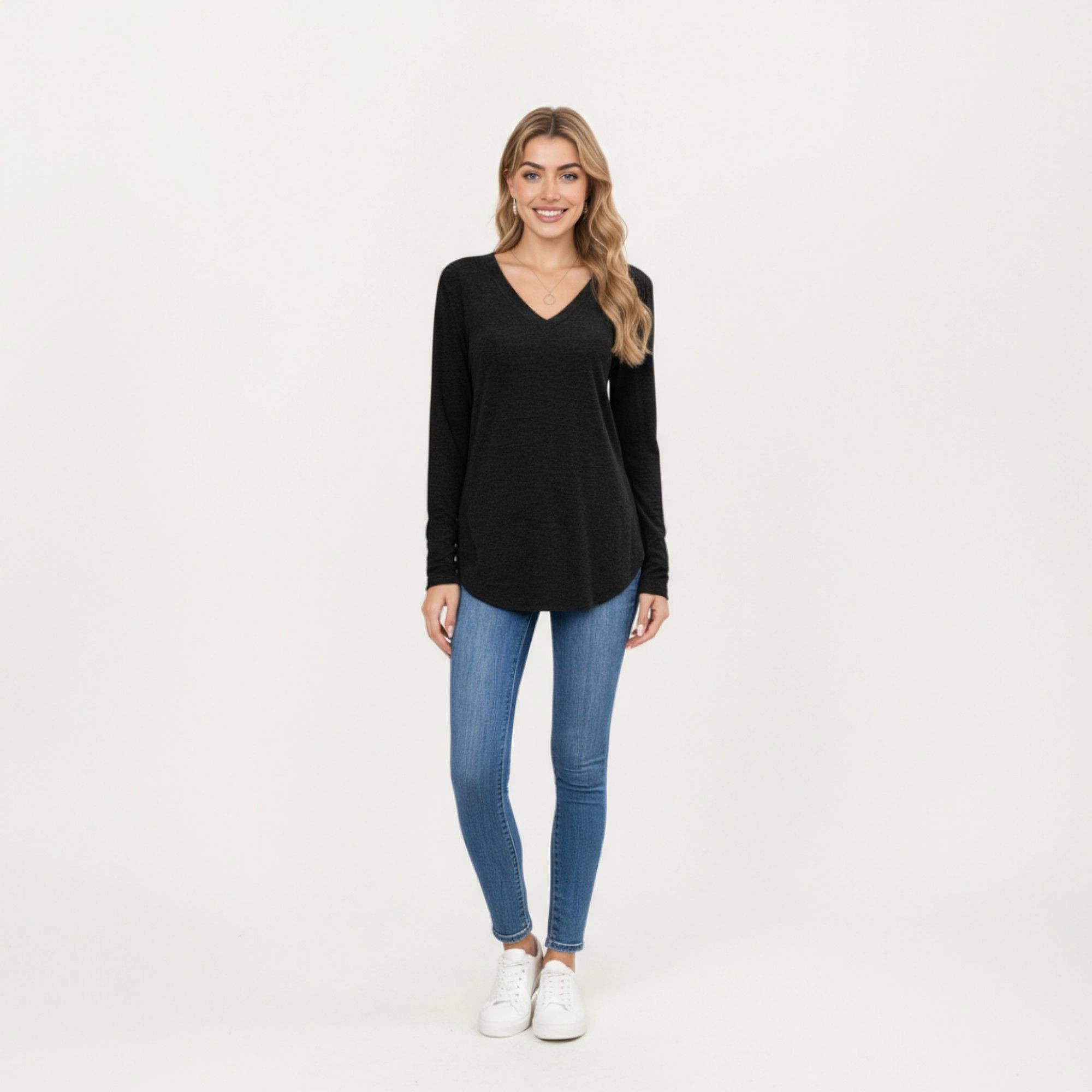 Anna-Kaci Women's V-Neck Curved Hem Relaxed Fit Long Sleeve Knit Top