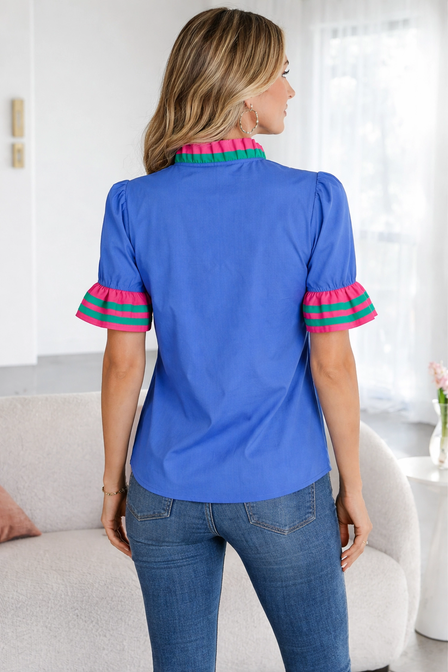 19092 Journee Ruffled Short Sleeve Blouse - Sky Blue, Cotton-Lyocell Blend