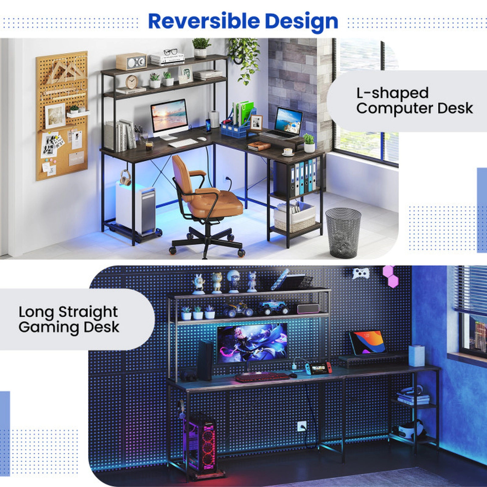 SUGIFT Gray Reversible L-Shaped Gaming Desk with RGB LED Hutch, Monitor Stand and 310-Lb Capacity