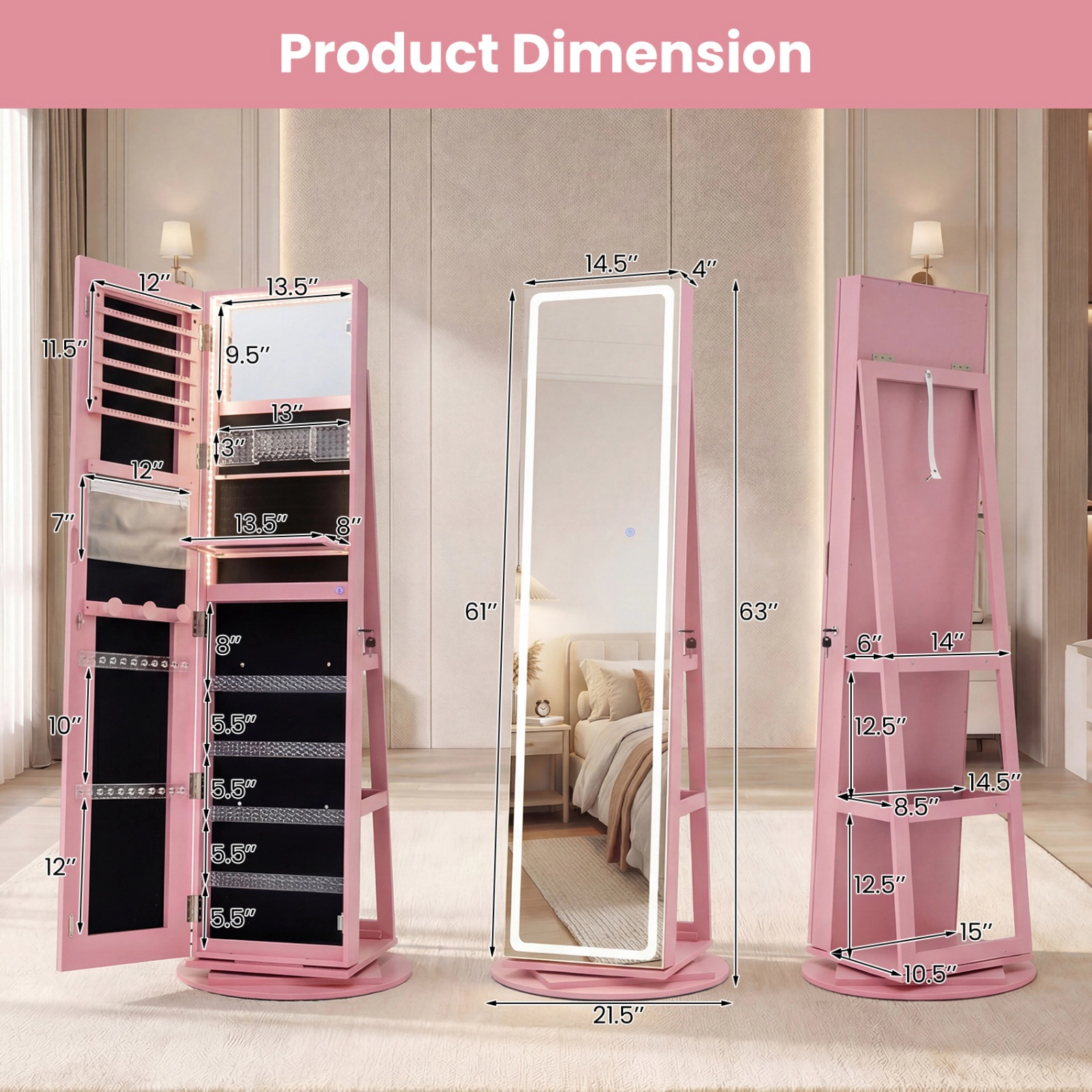 SUGIFT 63-in Pink Lockable Standing Jewelry Armoire Cabinet with LED Full-Length Mirror and Rotating Base