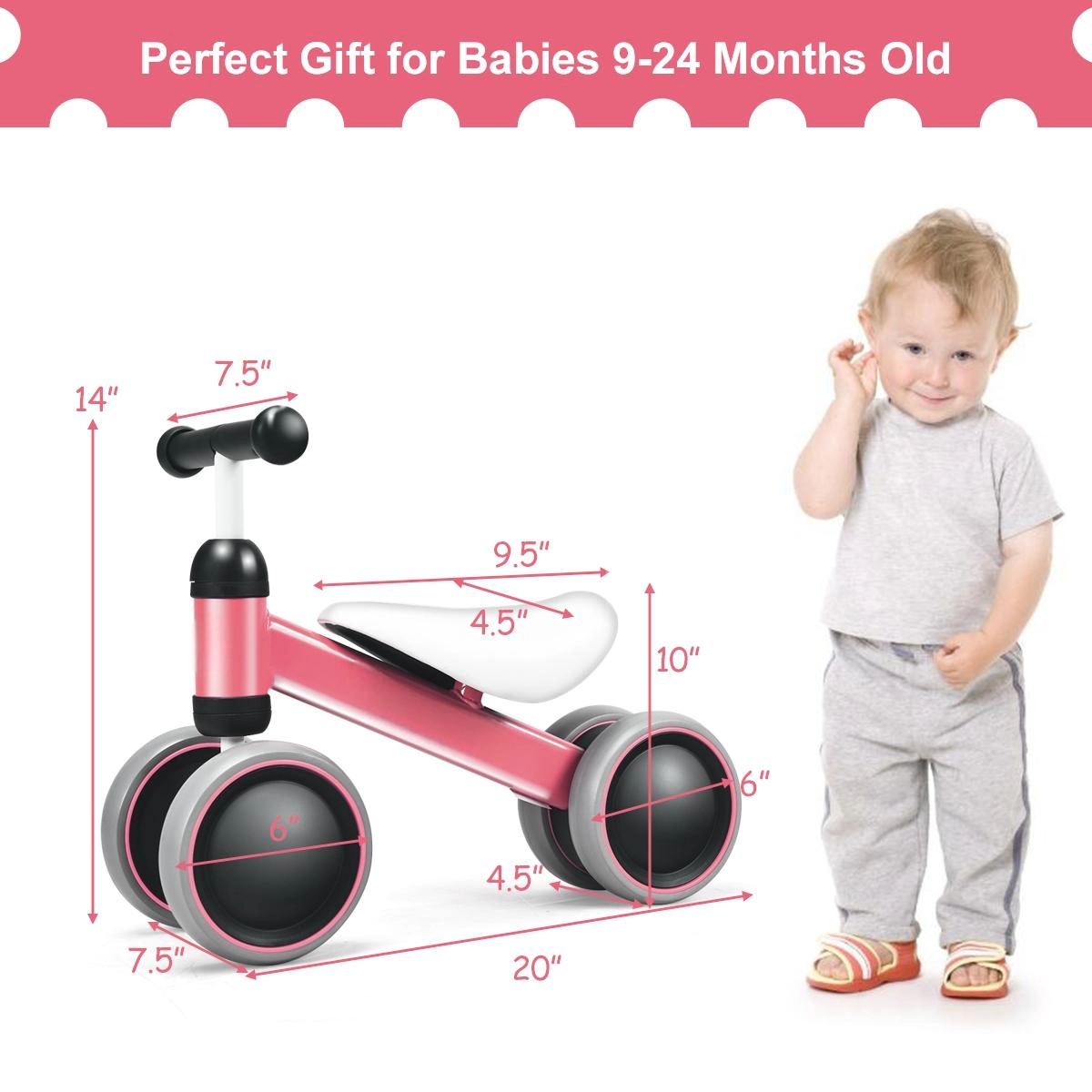 SUGIFT No-Pedal 4-Wheel Baby Balance Bike 44-lb Capacity Ages 2+ Pink
