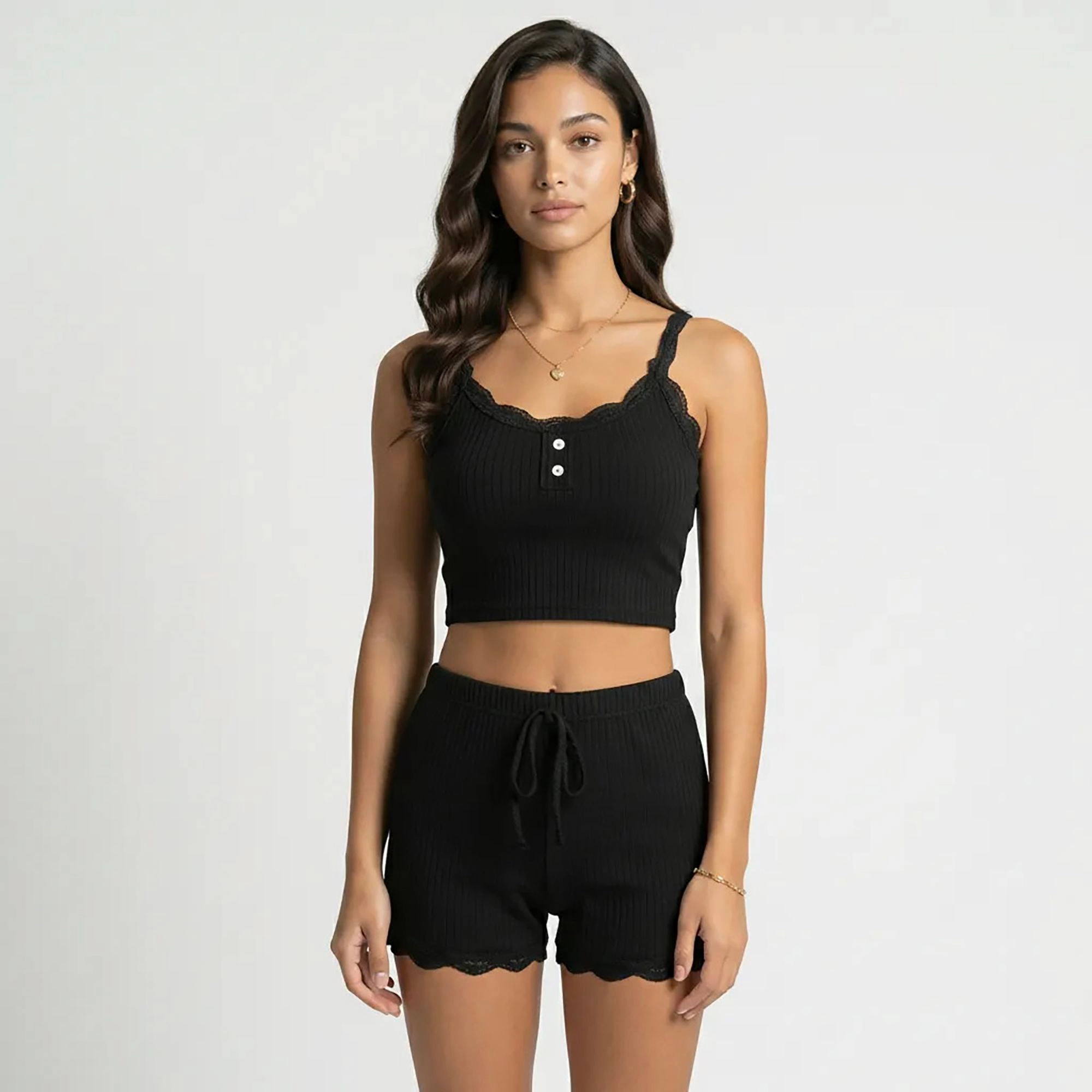 Anna-Kaci Women's Ribbed Lace Trim Pajama Set with Button Front and Drawstring Shorts