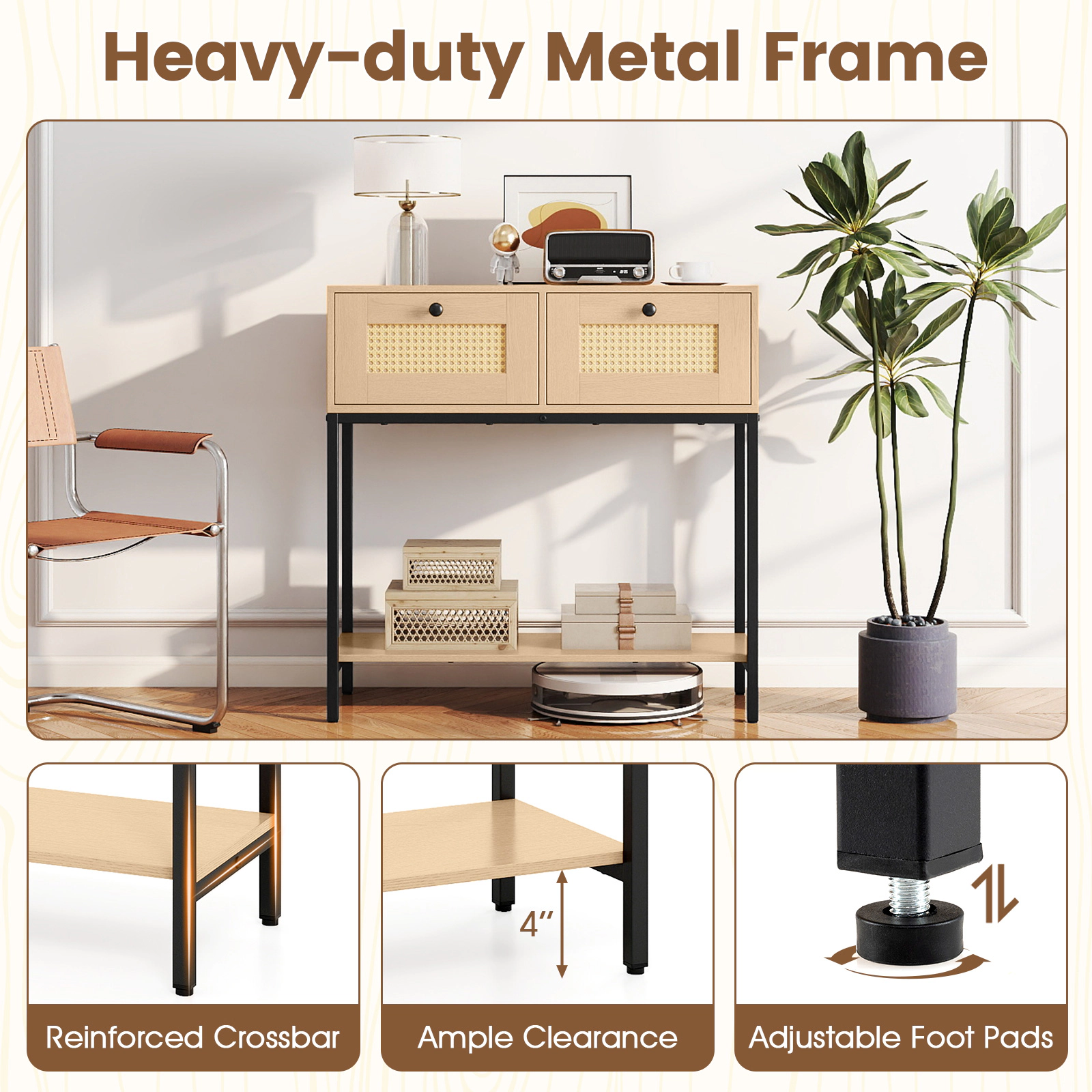 Hivvago Rattan Console Table Boho Entryway Table with 2 Rattan Drawers and Open Storage Shelf