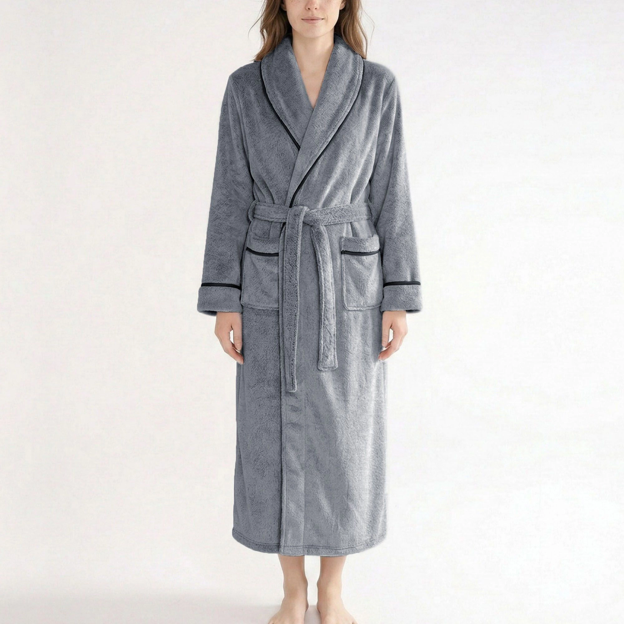Anna-Kaci Women's Plush Long Sleeve Shawl Collar Bathrobe with Contrast Trim and Adjustable Waist Tie Belt